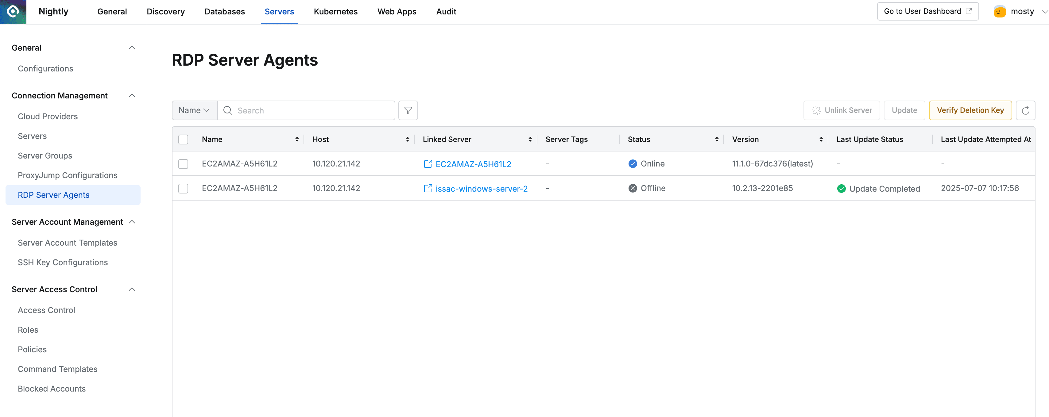 Administrator > Servers > Connection Management > Server Agents for RDP