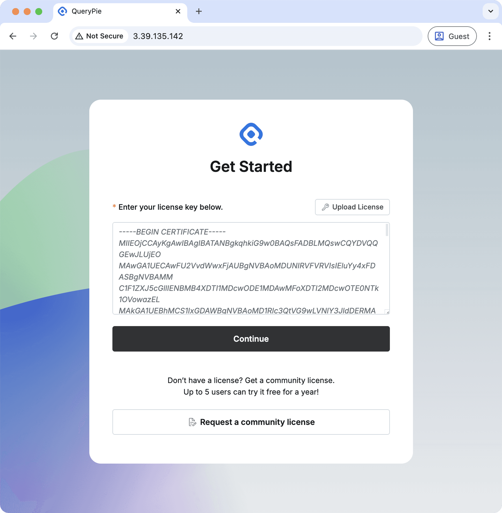 License input screen in PEM format