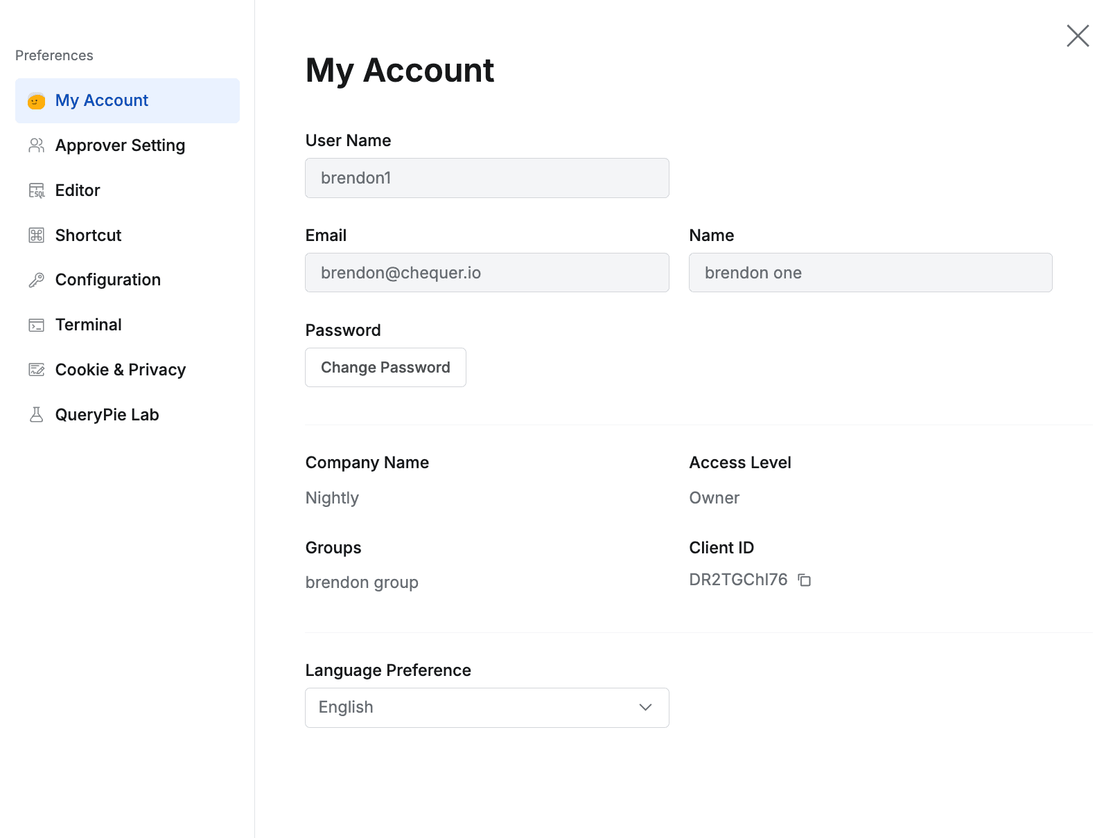 Top menu bar > Profile > Preferences > My Account