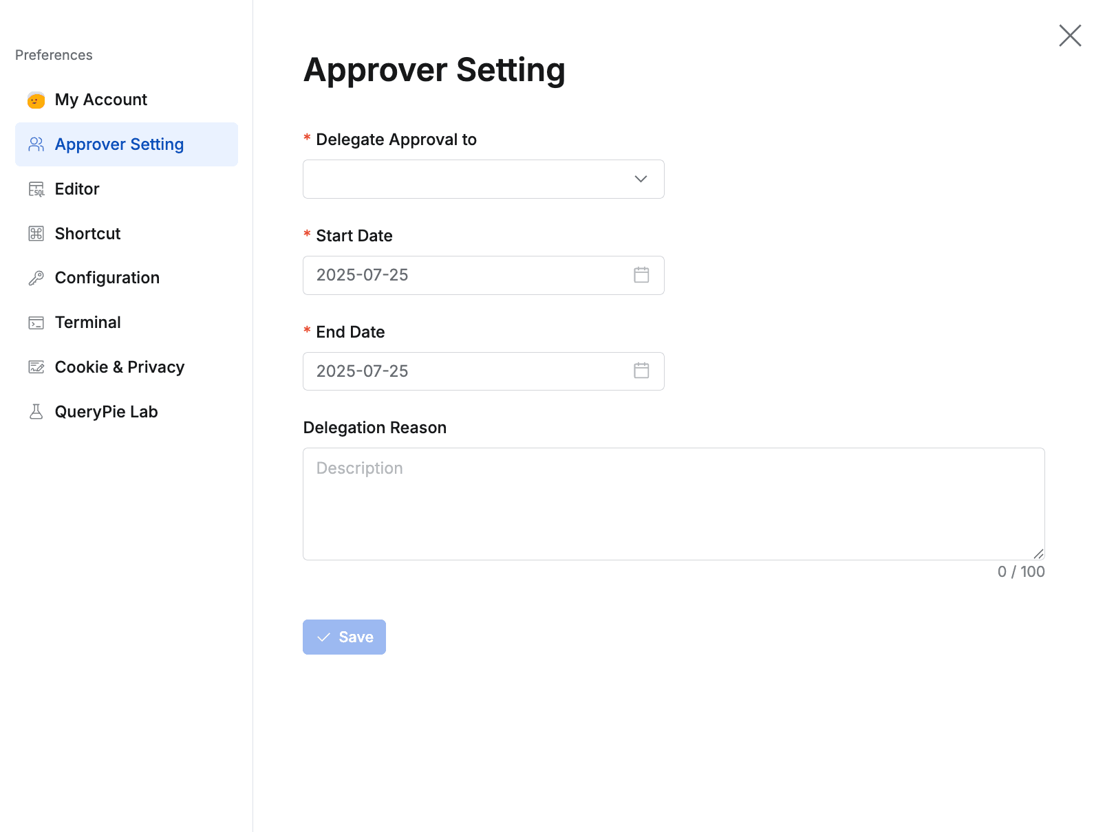 상단 메뉴바 > Profile > Preferences > Approver Settings