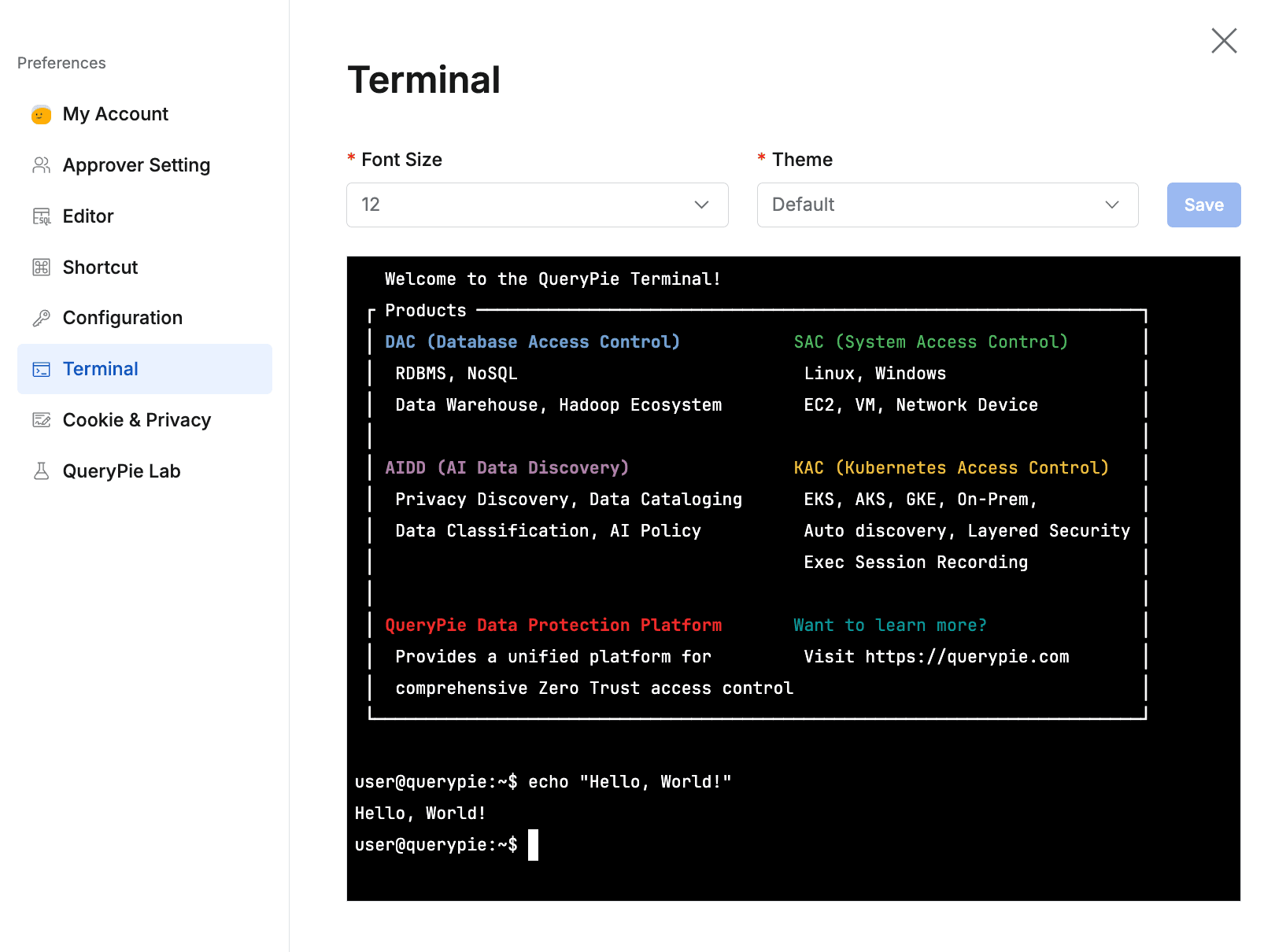 상단 메뉴바 > Profile > Preferences > Terminal