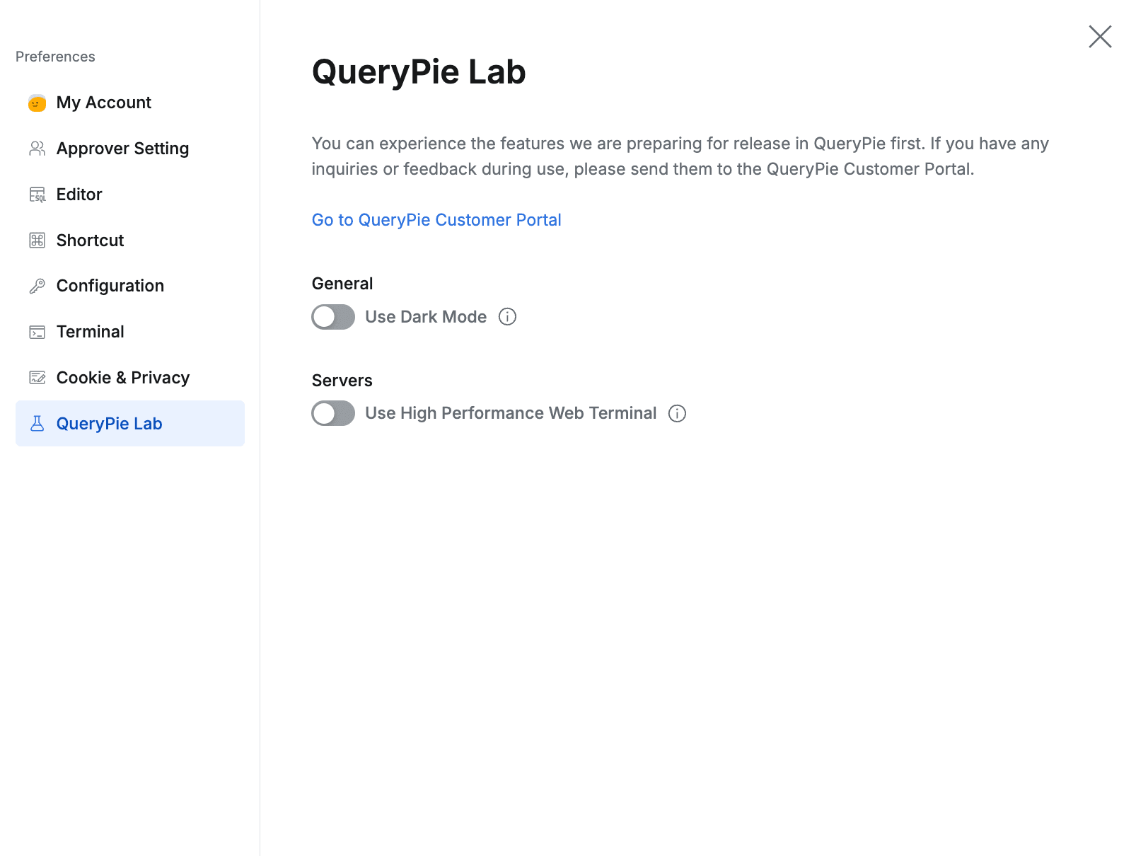 Top menu bar > Profile > Preferences > QueryPie Lab