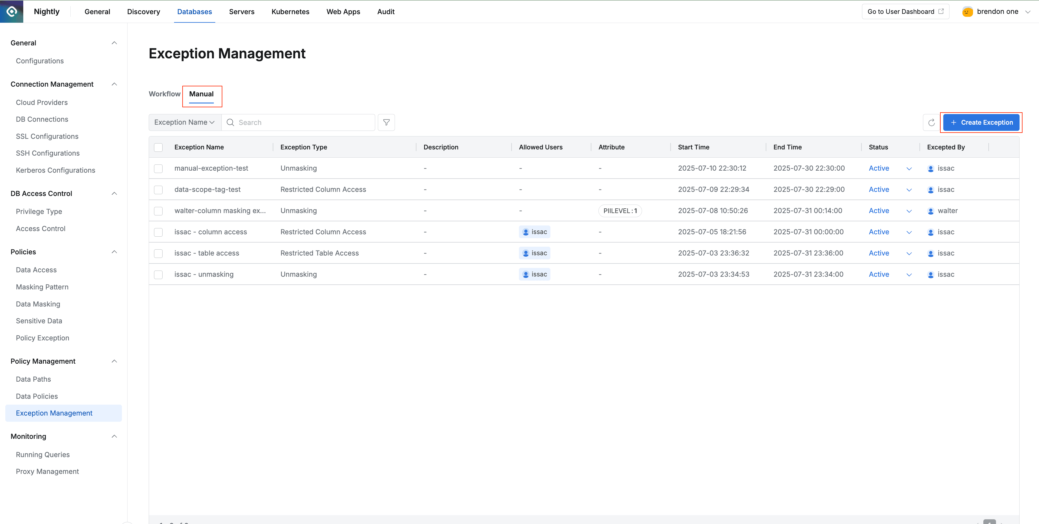 Manual tab of Databases > Policy Management > Exception Management