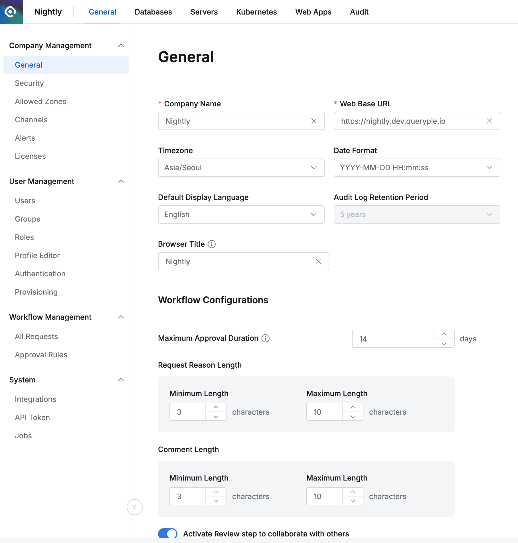 Administrator > General > Company Management > General