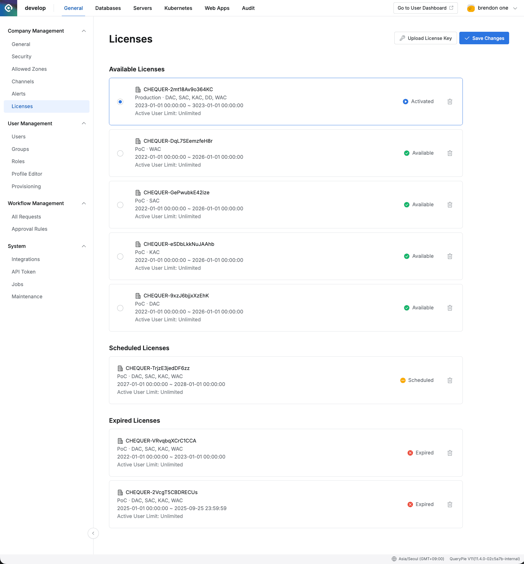 Administrator > General > Company Management > Licenses