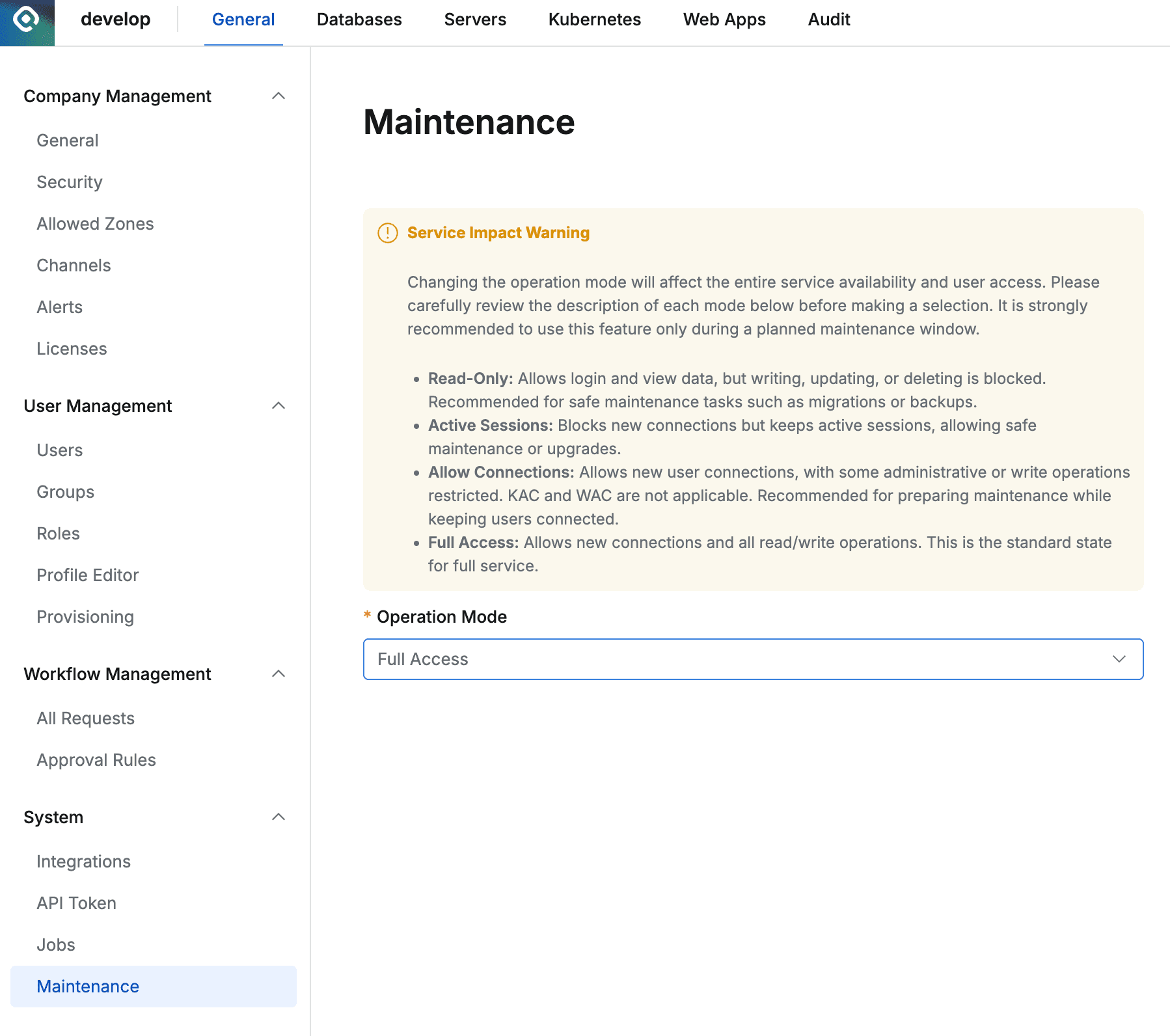 Admin > General > System > Maintenance