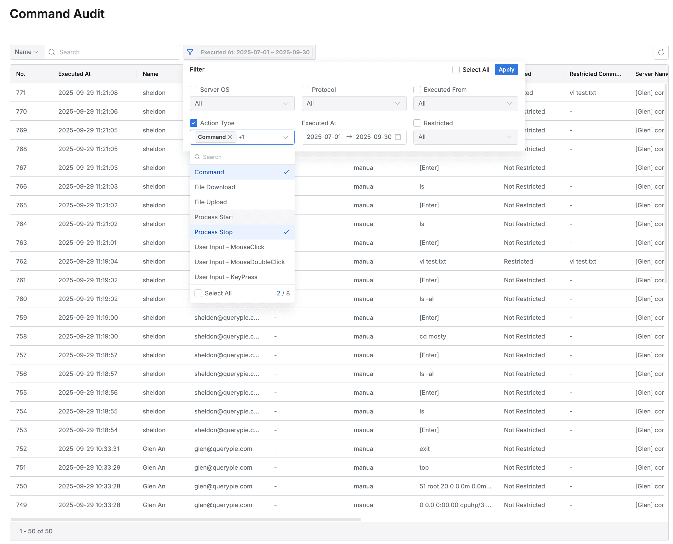 Example of selecting multiple items in Action Type of filter