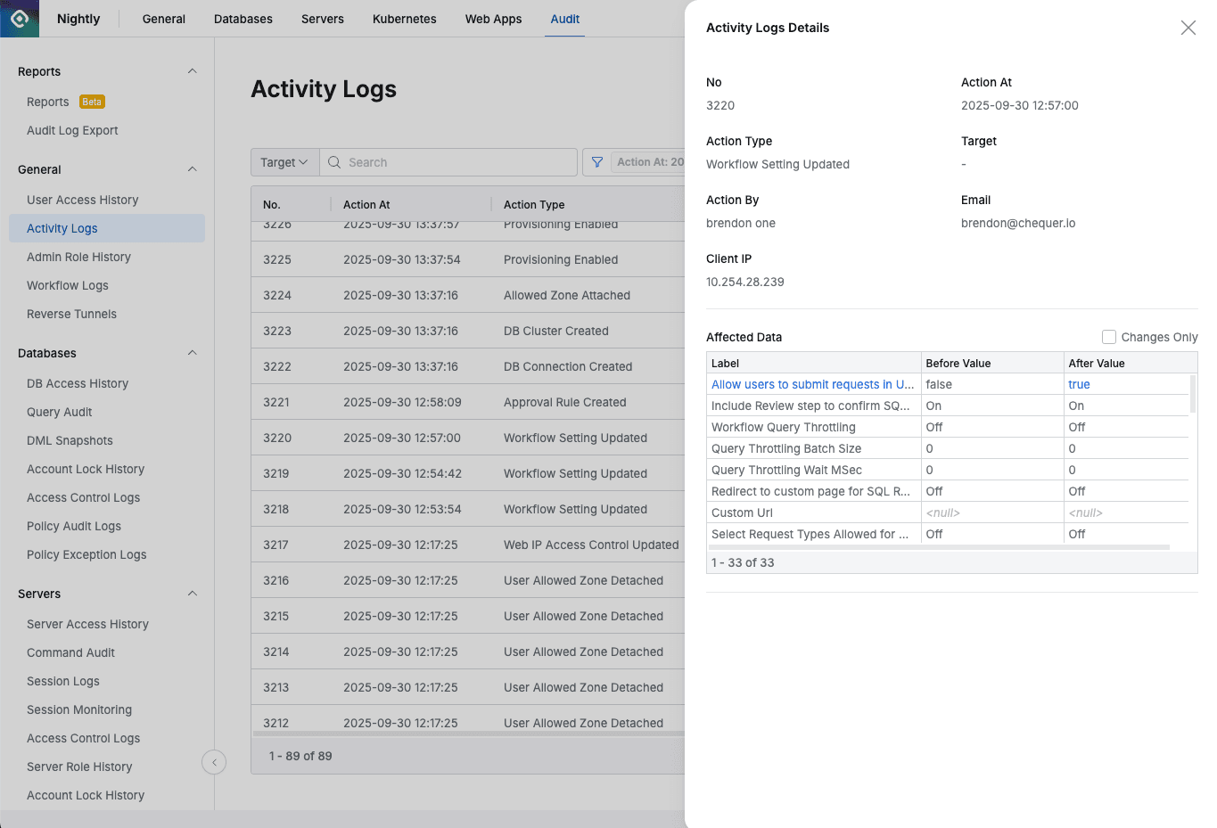 Administrator > Audit > General > Activity Logs > Activity Logs Details