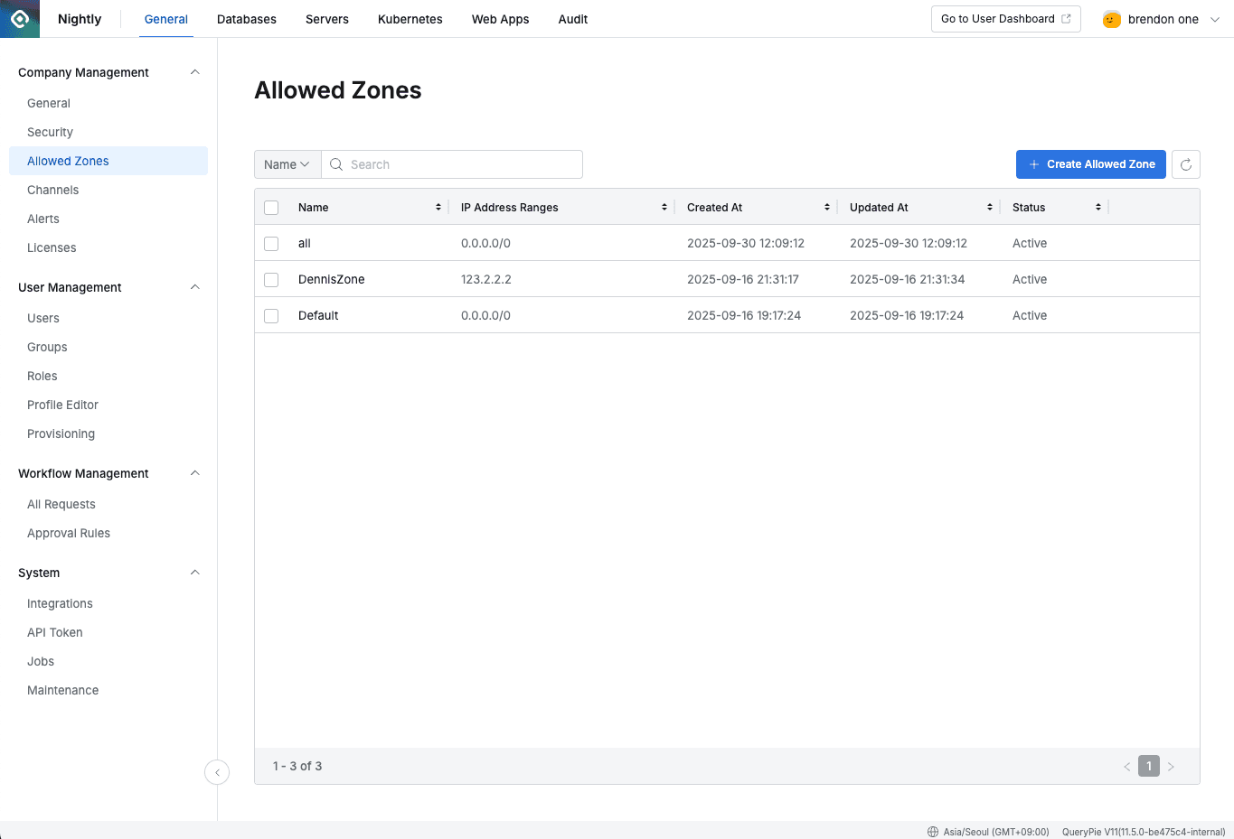Administrator > General > Company Management > Allowed Zones