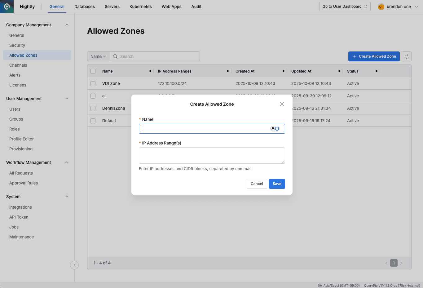 Input fields displayed when creating Allowed Zone