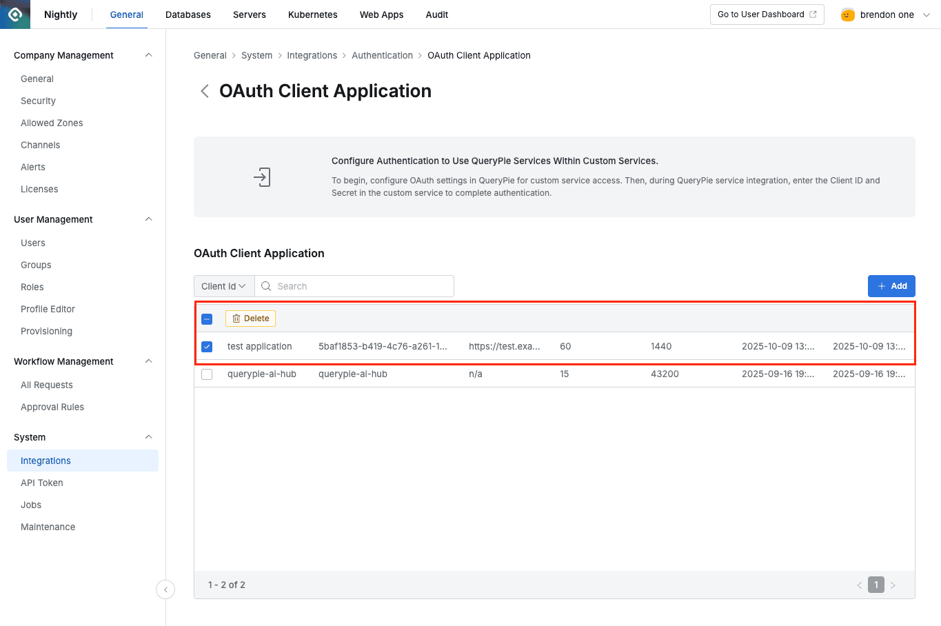 Delete OAuth Client Application