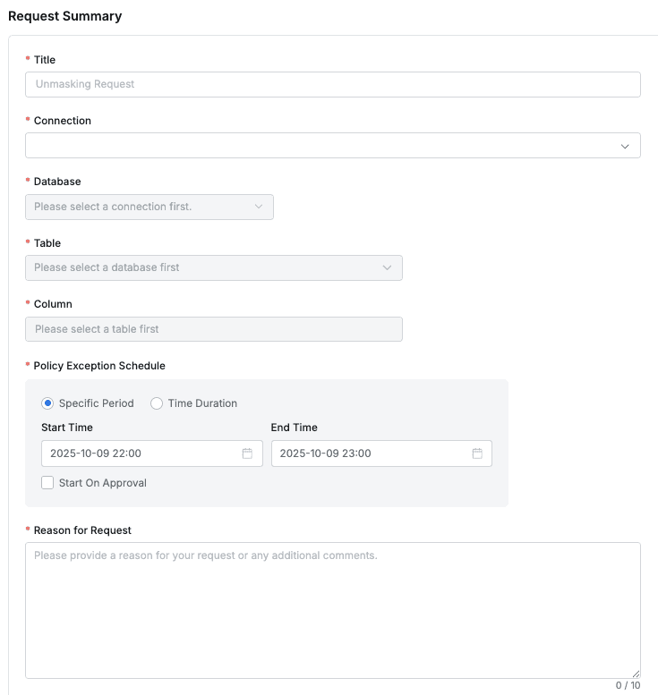 User > Workflow > Submit Request > Unmasking Request > Request Summary
