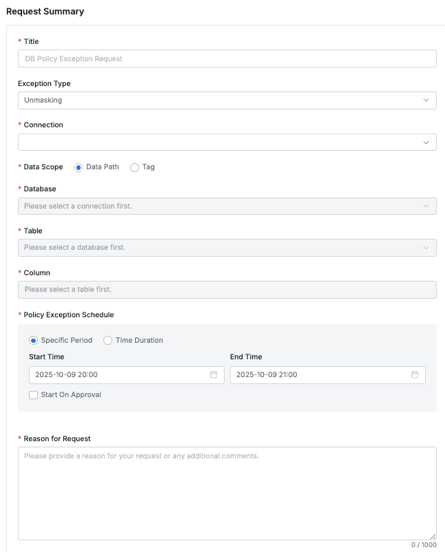 User > Workflow > Submit Request > DB Policy Exception Request
