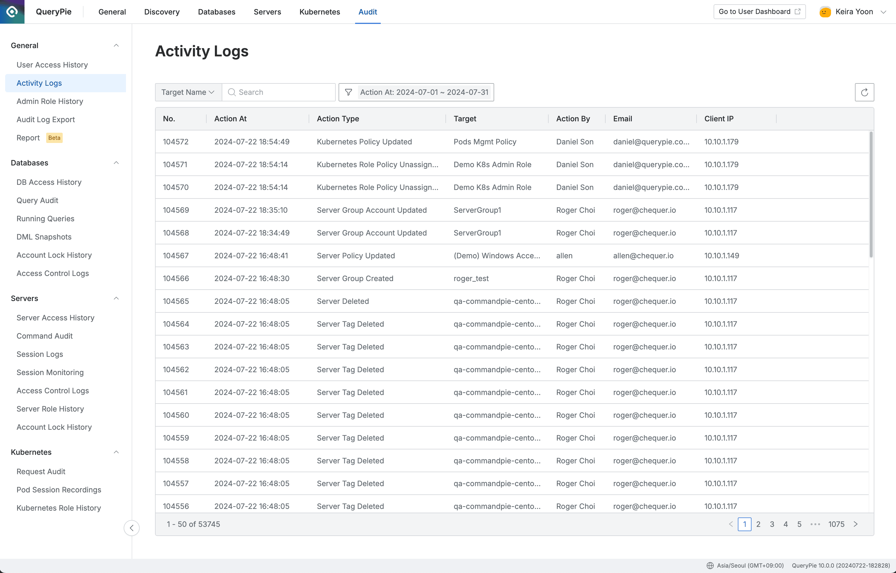 Administrator > Audit > General > Activity Logs