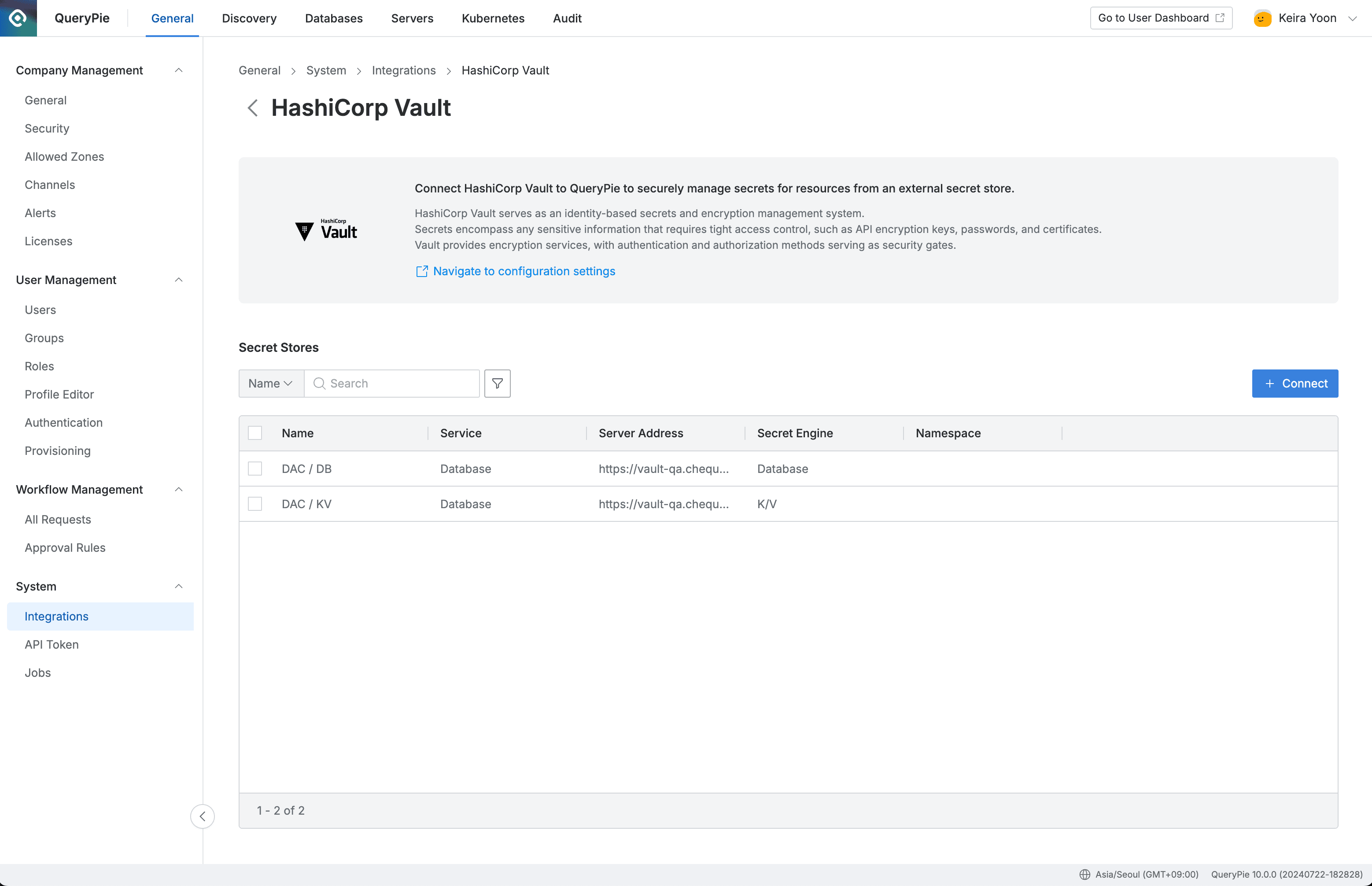 Administrator > General > System > Integrations > HashiCorp Vault
