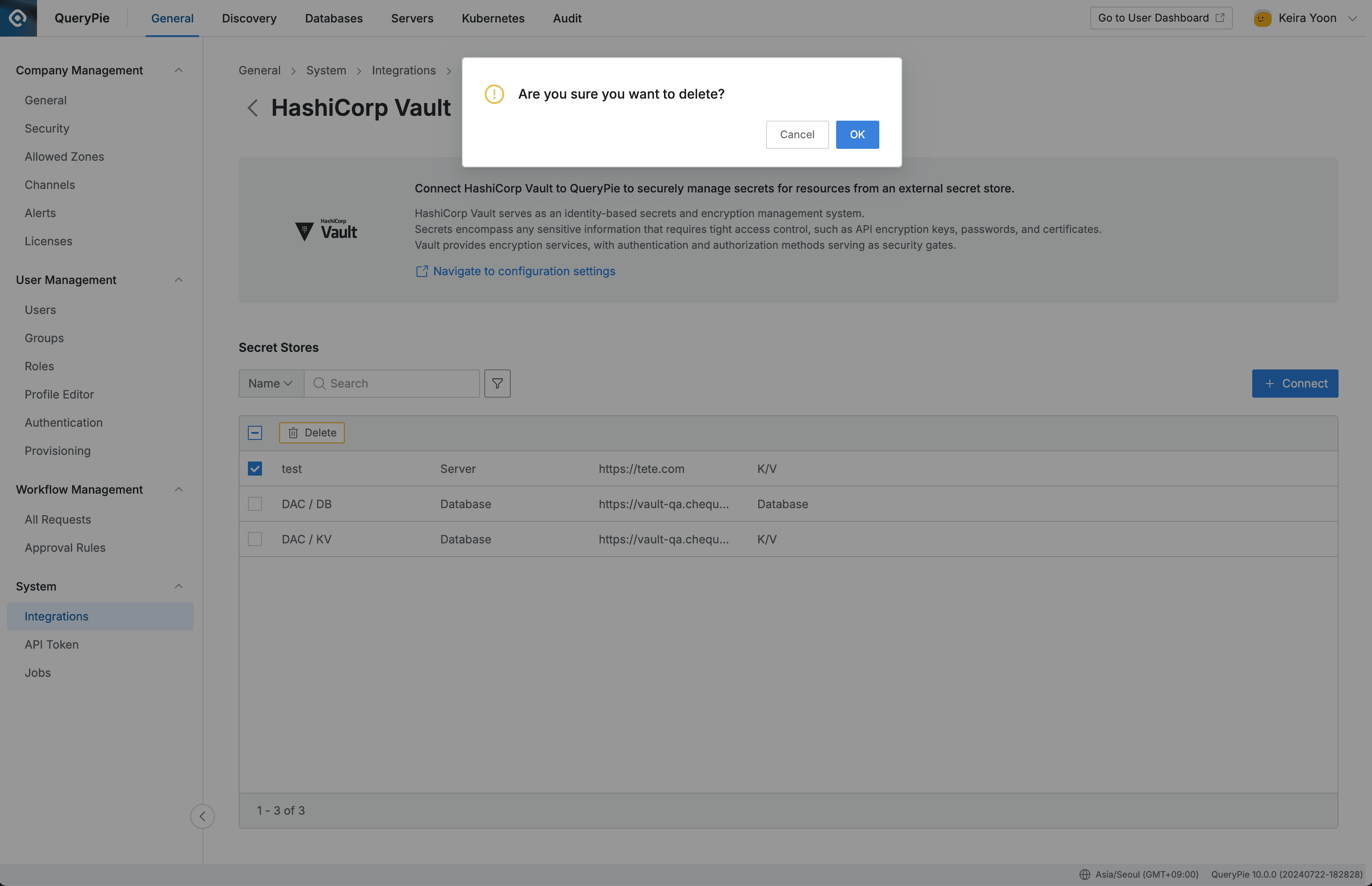 Administrator > General > System > Integrations > HashiCorp Vault > Delete