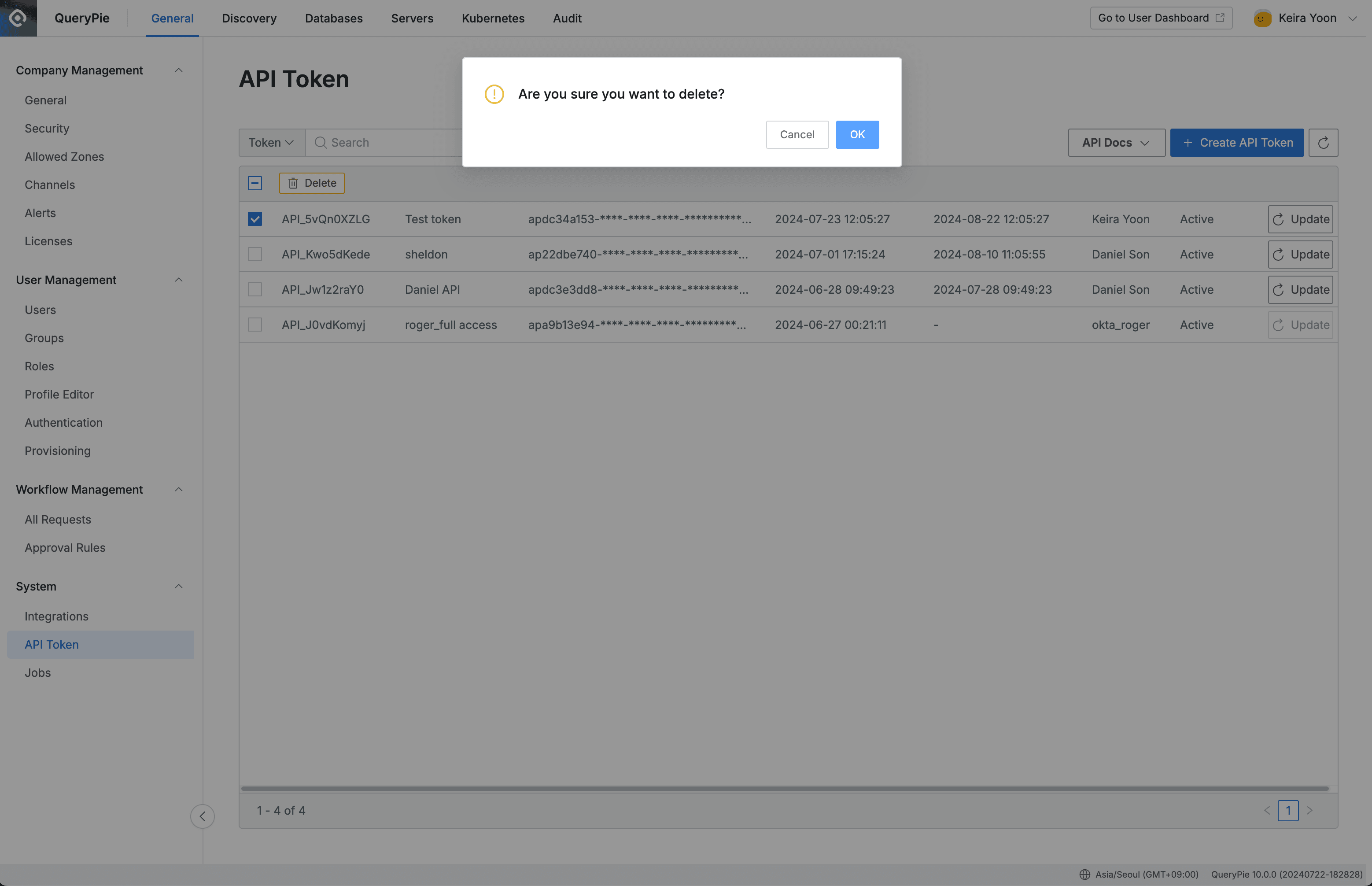 Administrator > General > System > API Token > Delete