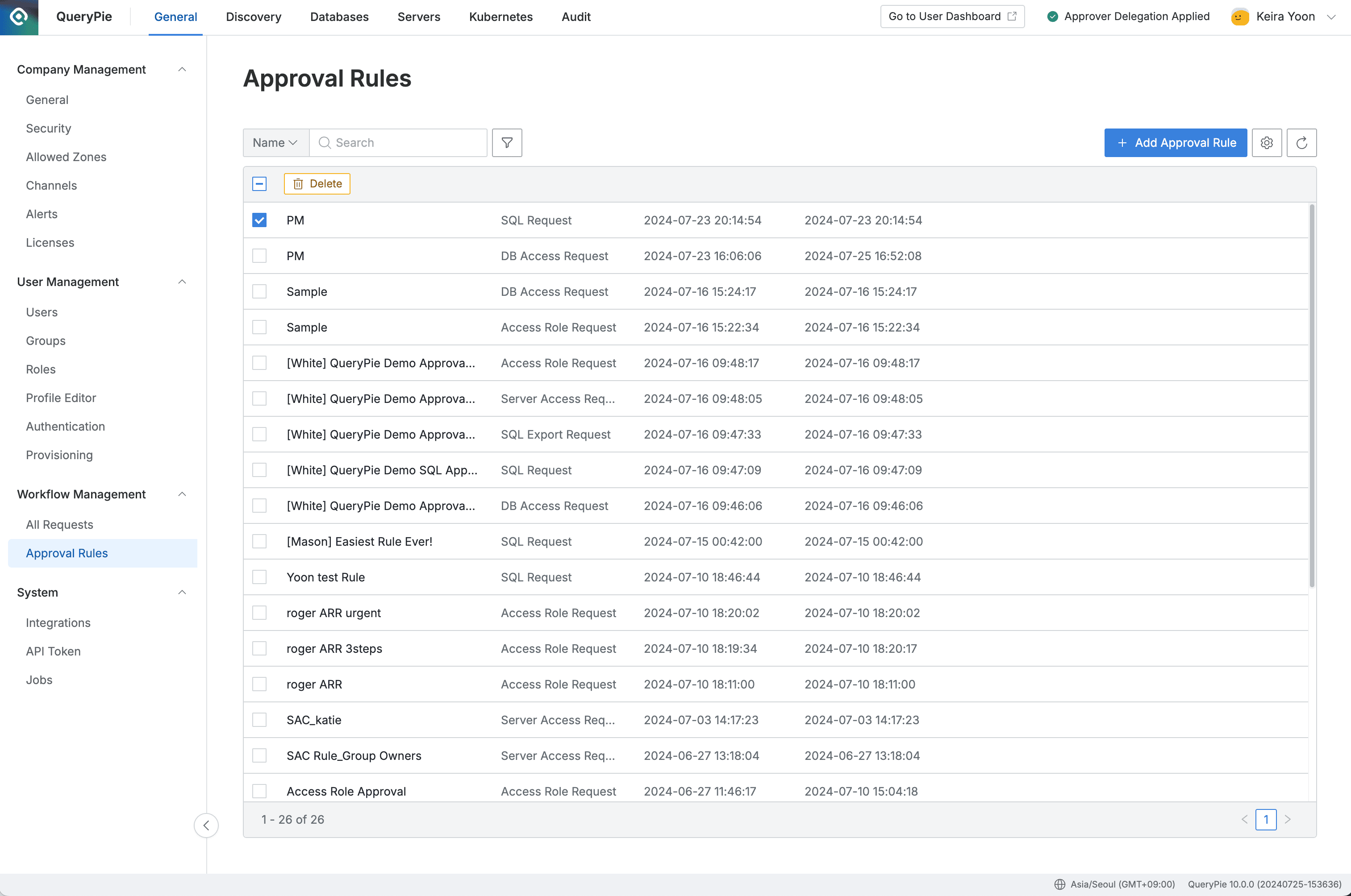 Administrator > General > Workflow Management > Approval Rules (Deletion Enabled)