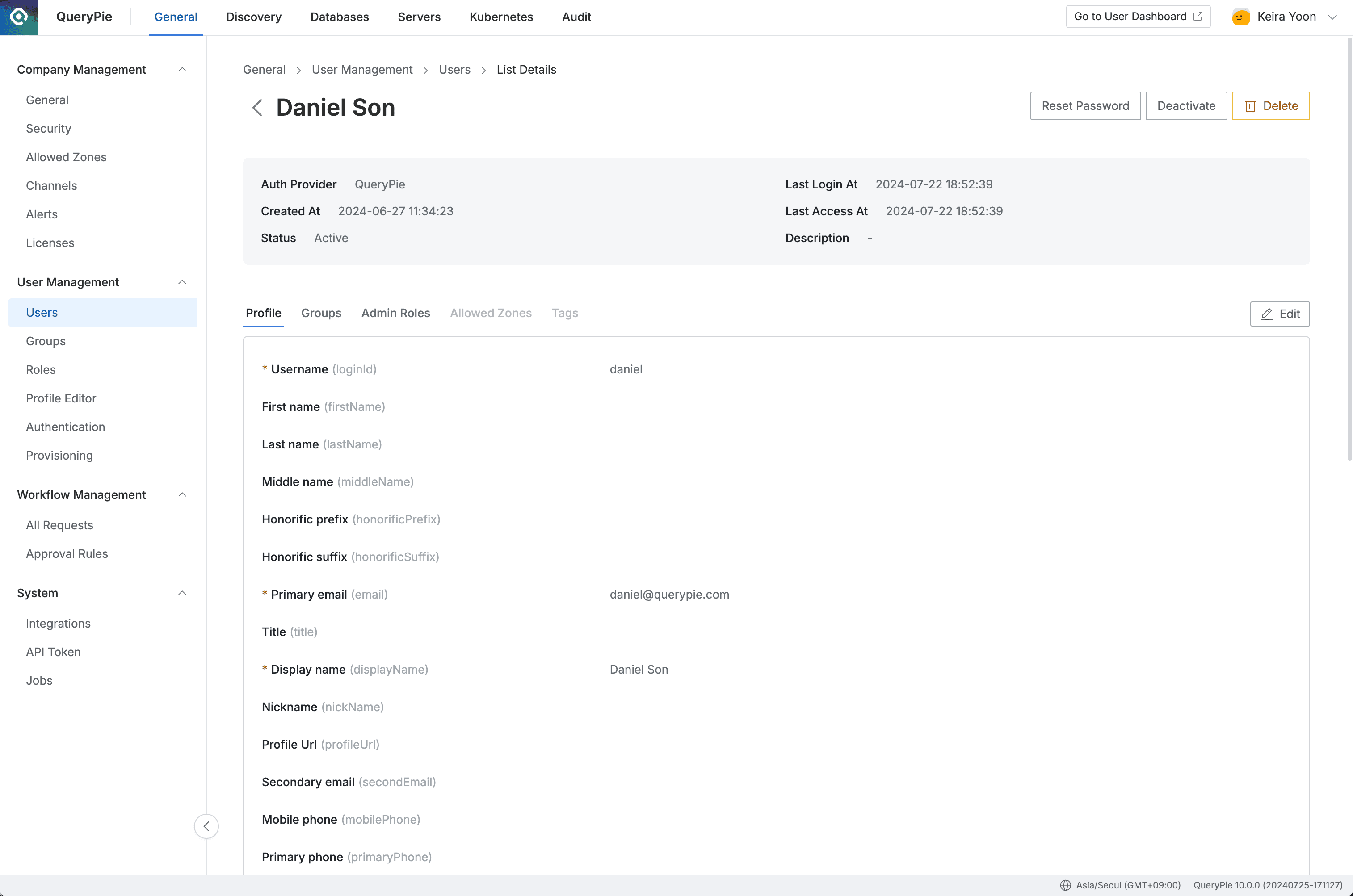 Administrator > General > User Management > Users > List Details