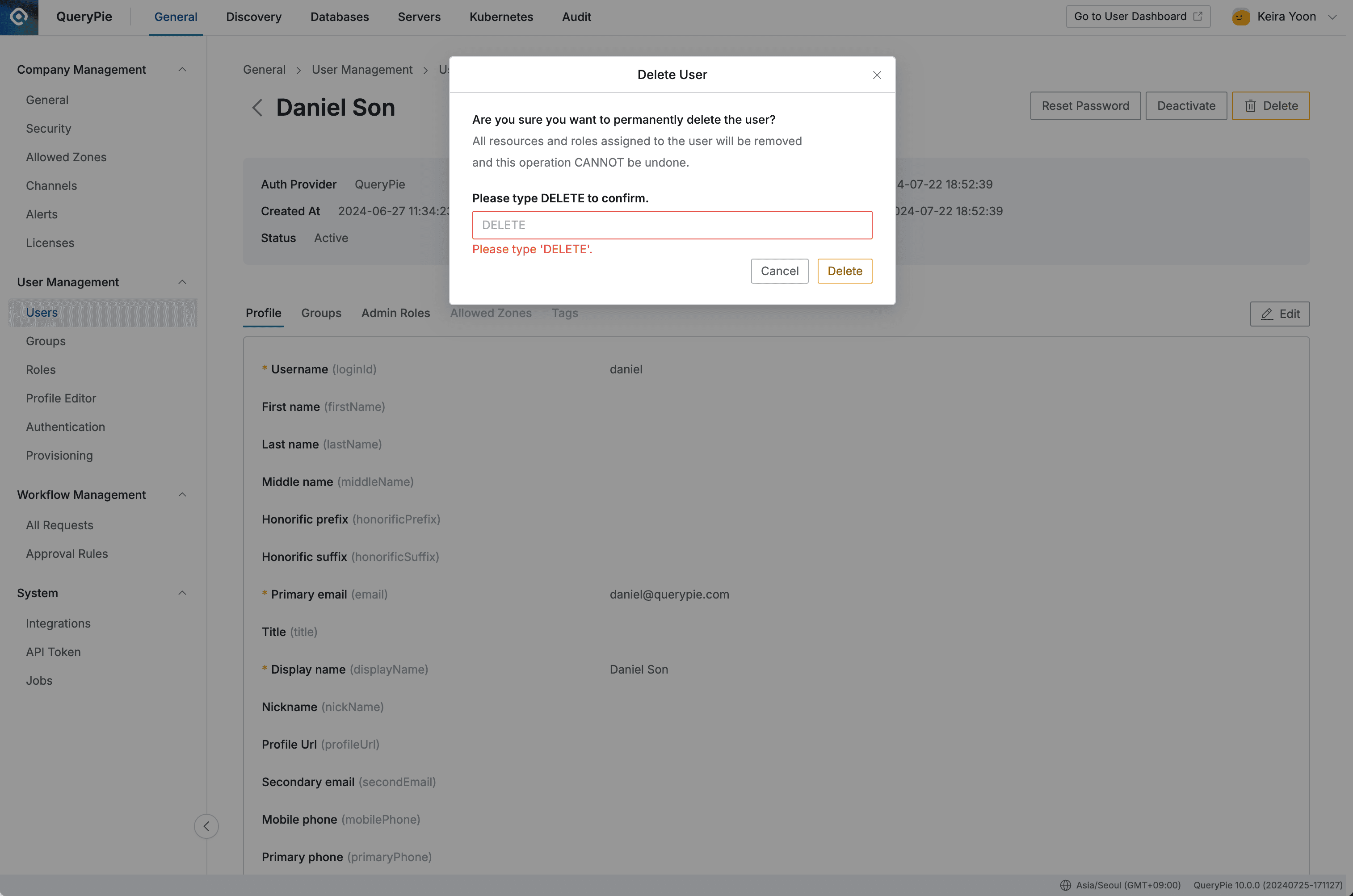 Administrator > General > User Management > Users > List Details > Delete User