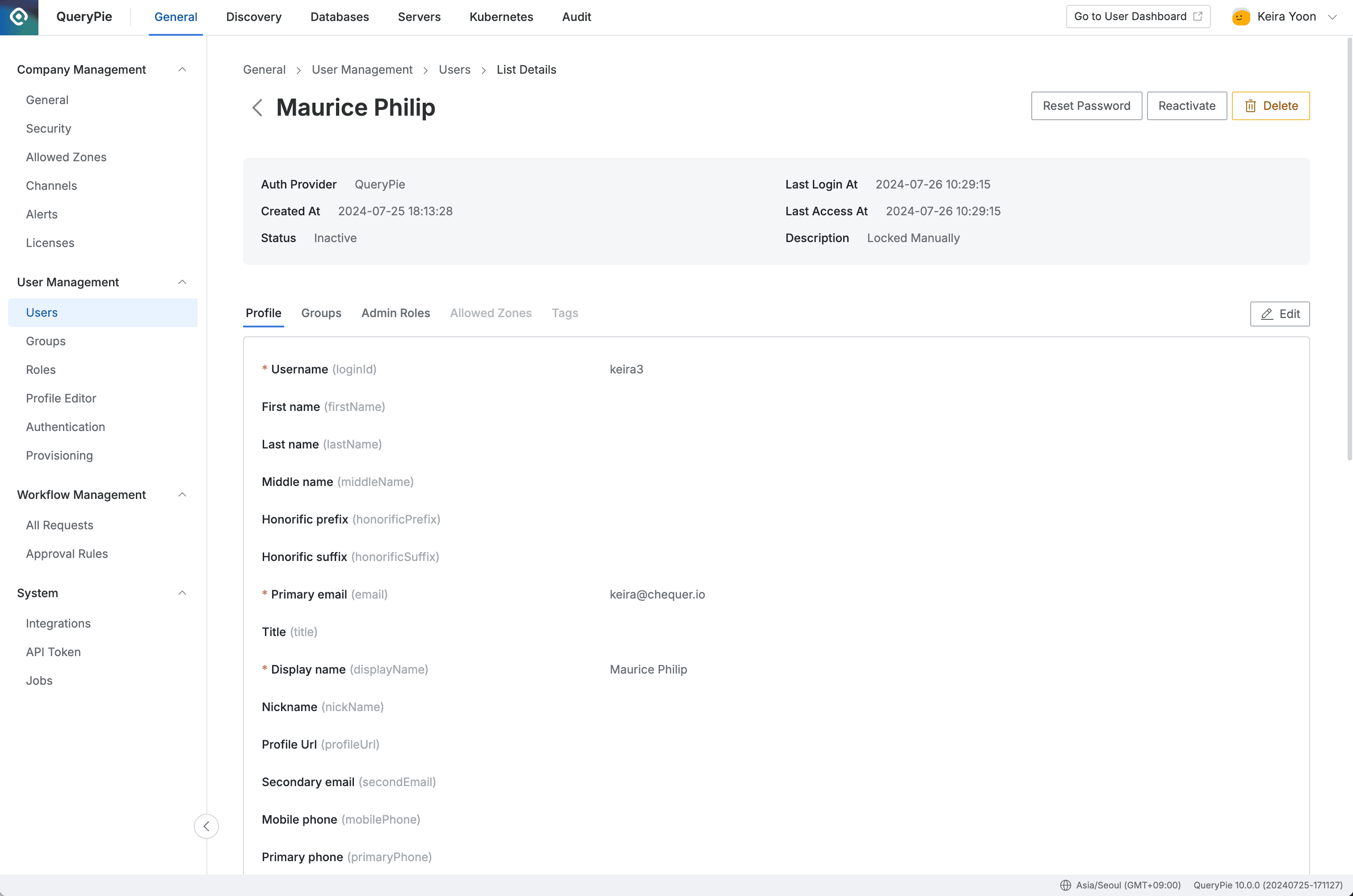 Administrator > General > User Management > Users > List Details