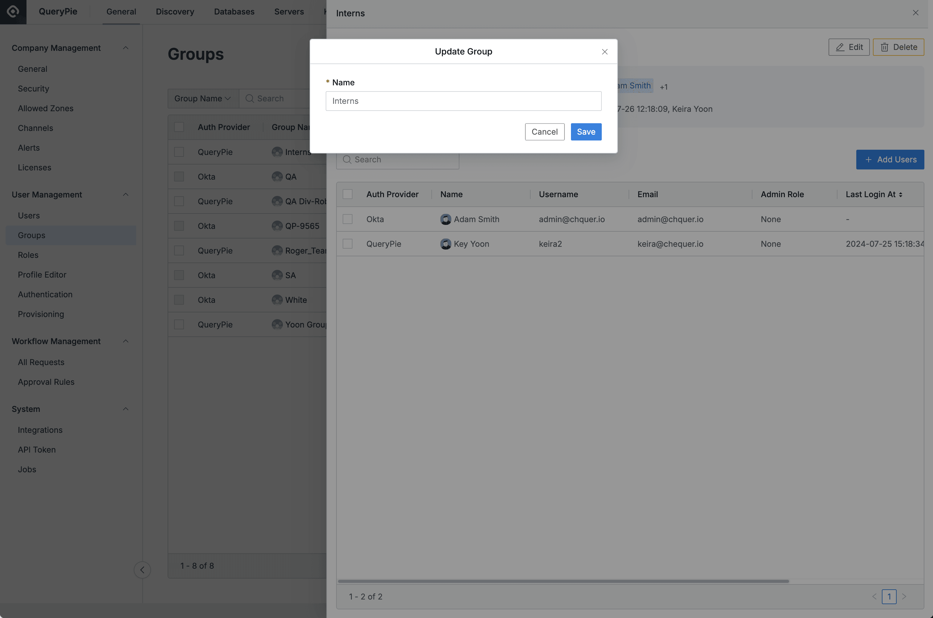 Administrator > General > User Management > Groups > Details > Update Group