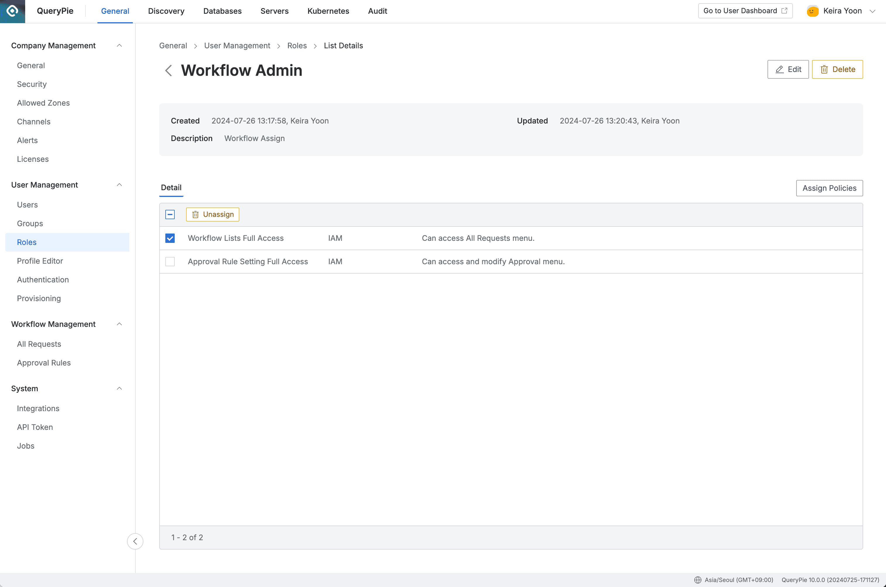 Administrator > General > User Management > Roles > List Details