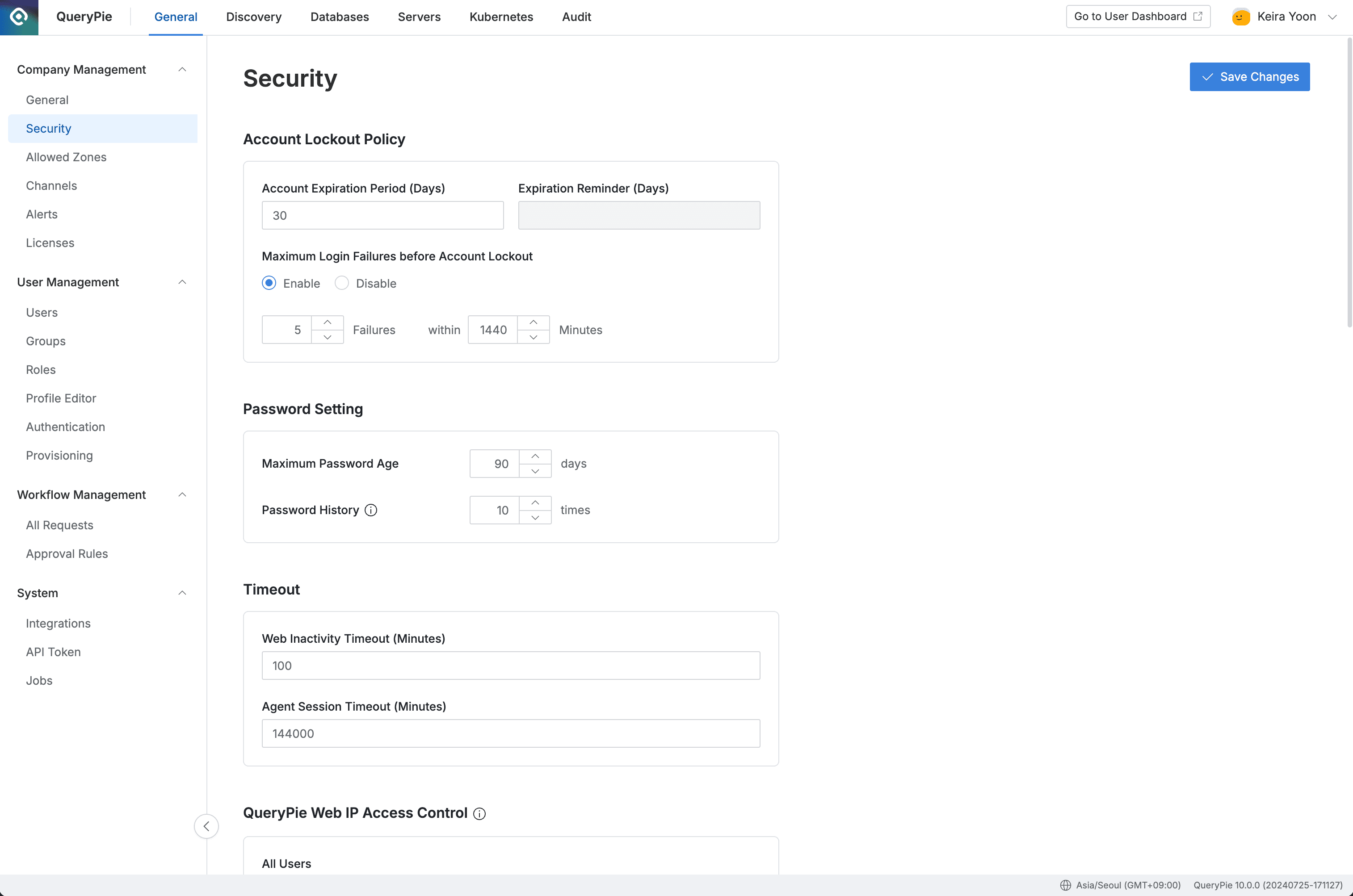 Administrator > General > Company Management > Security