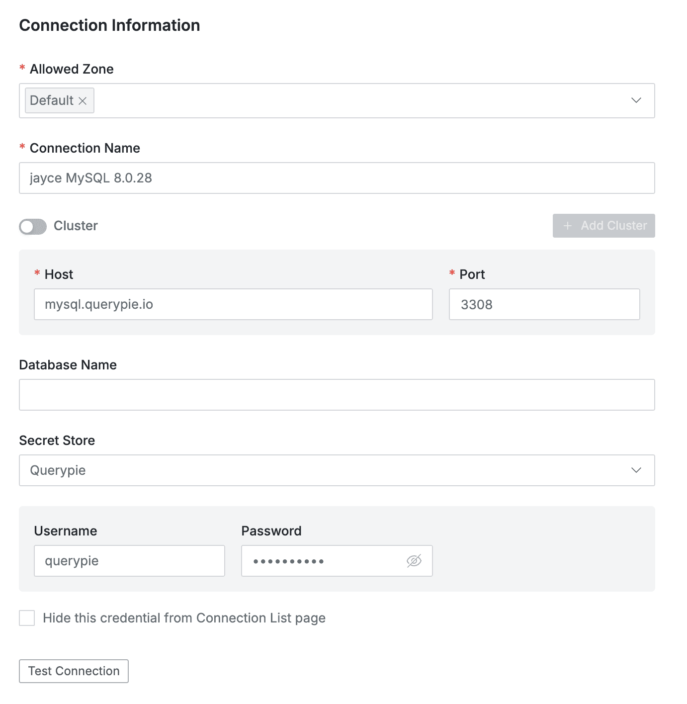 Administrator > Databases > DB Connections > List Details > Connection Information