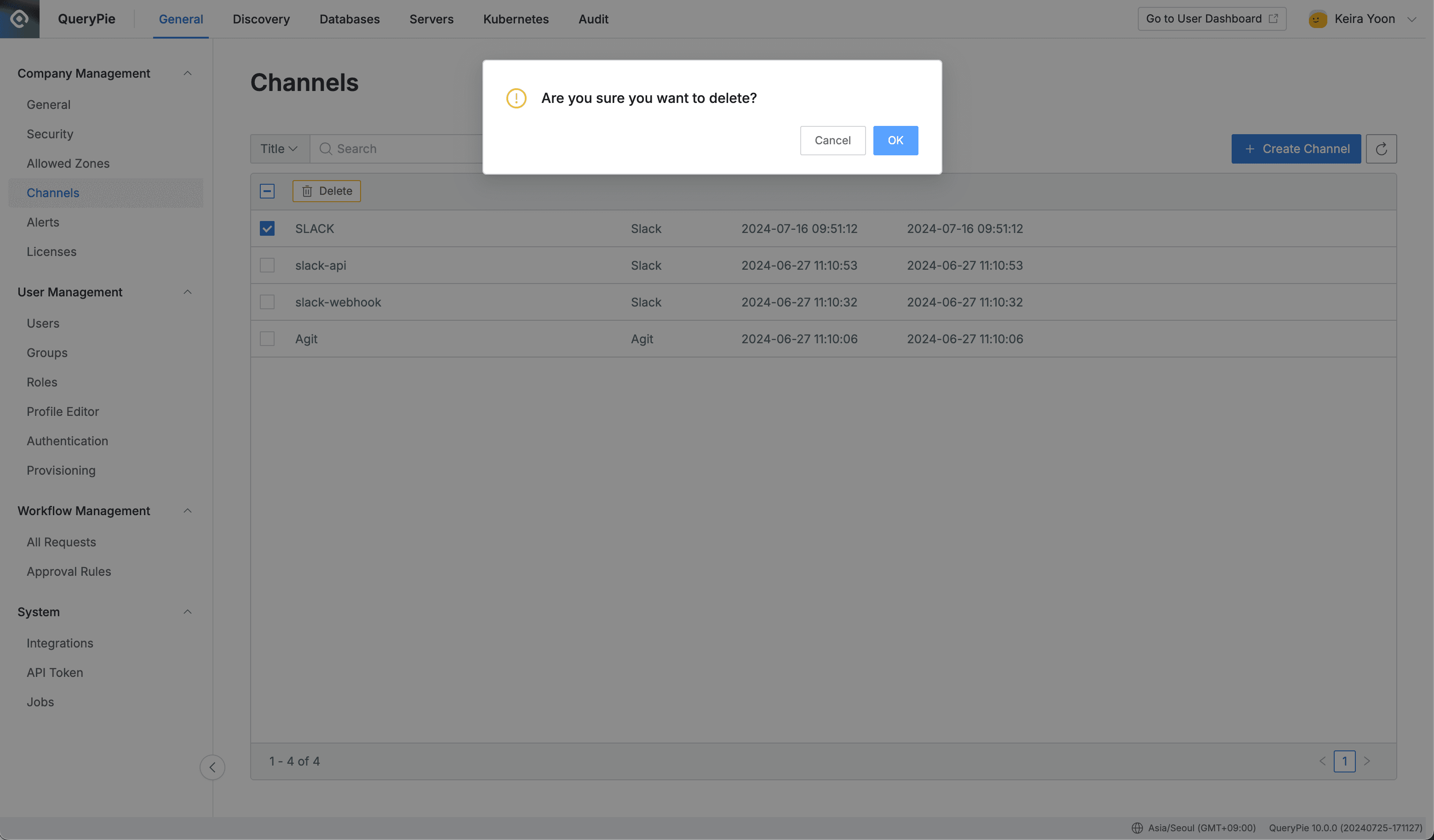 Administrator > General > Company Management > Channels > Delete confirmation modal