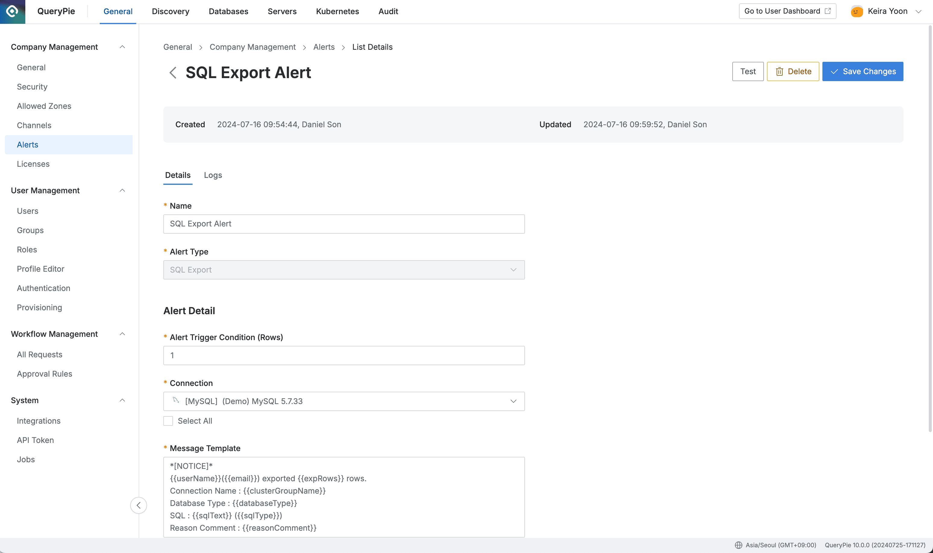 Administrator > General > Company Management > Alerts > List Details (Details)