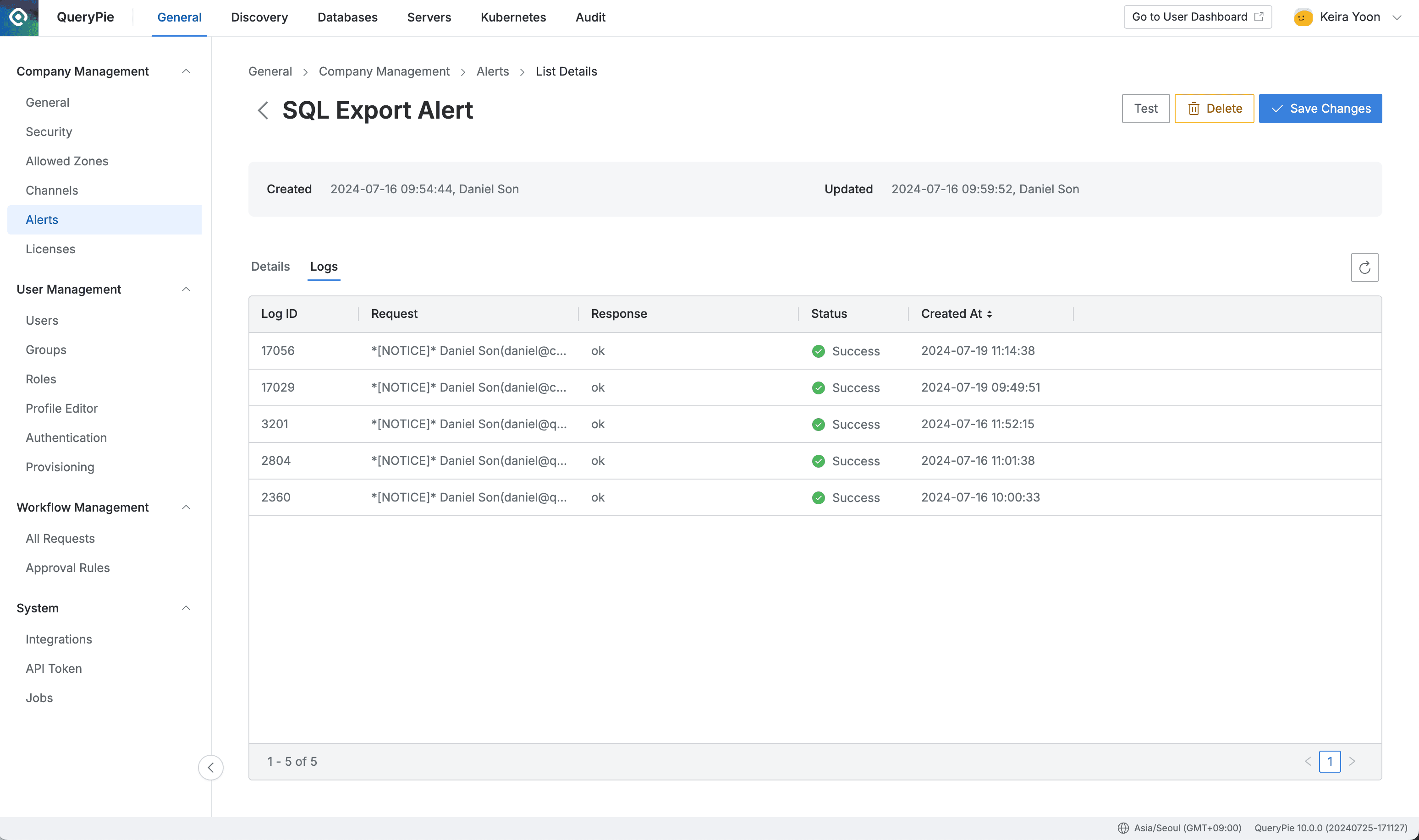 Administrator > General > Company Management > Alerts > List Details (Logs)