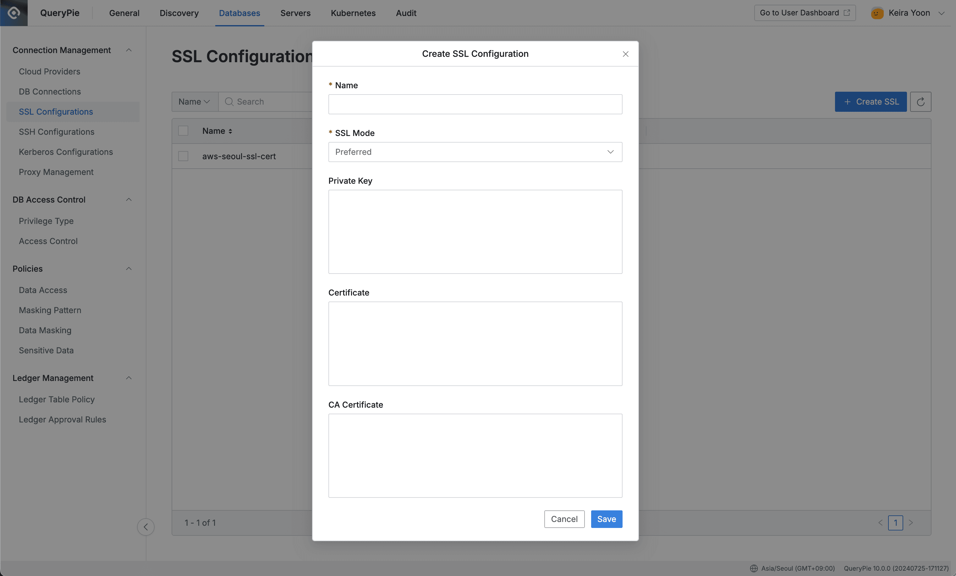 Administrator > Databases > Connection Management > SSL Configuration > Create SSL