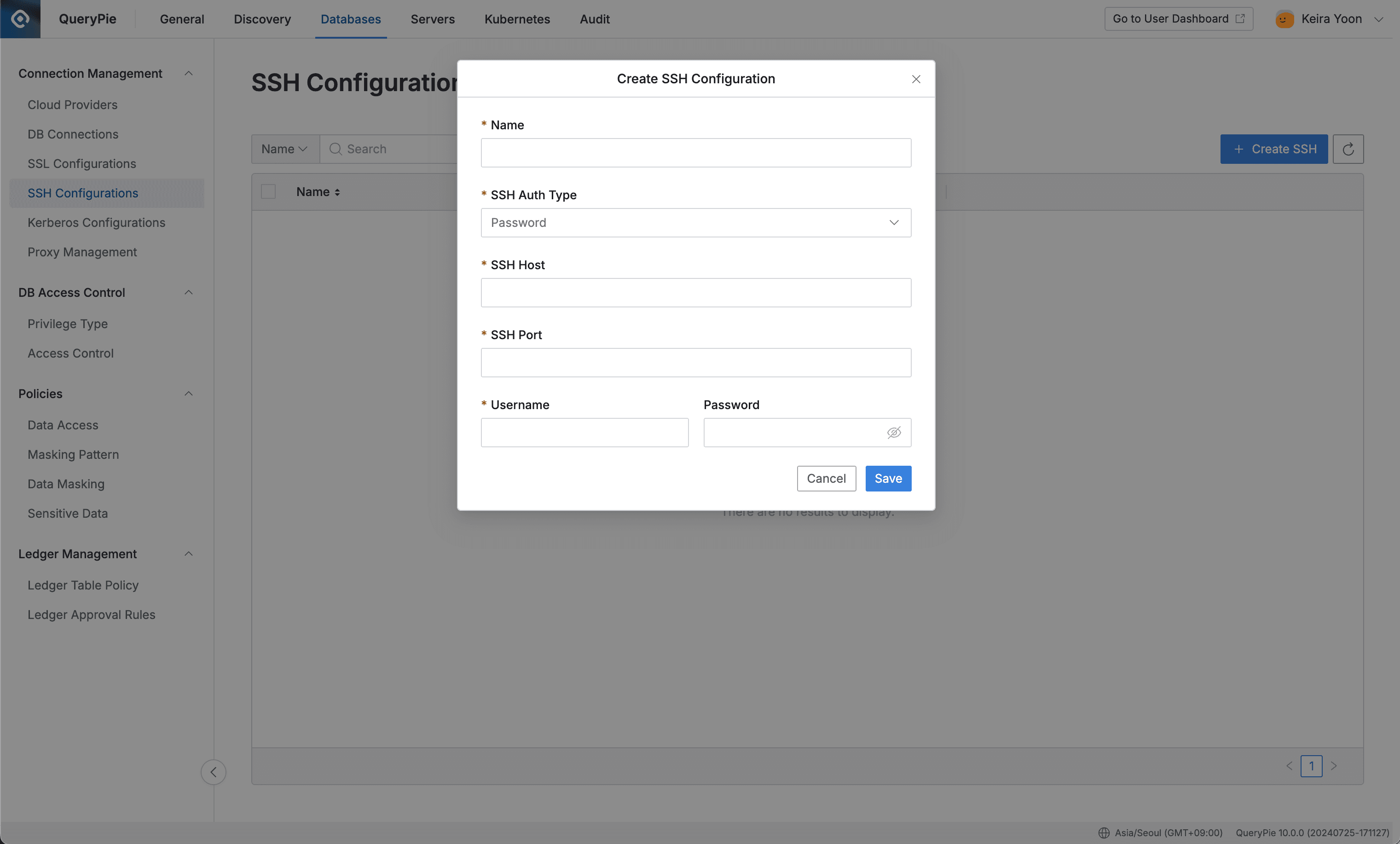 Administrator > Databases > Connection Management > SSH Configuration > Create SSH Configuration