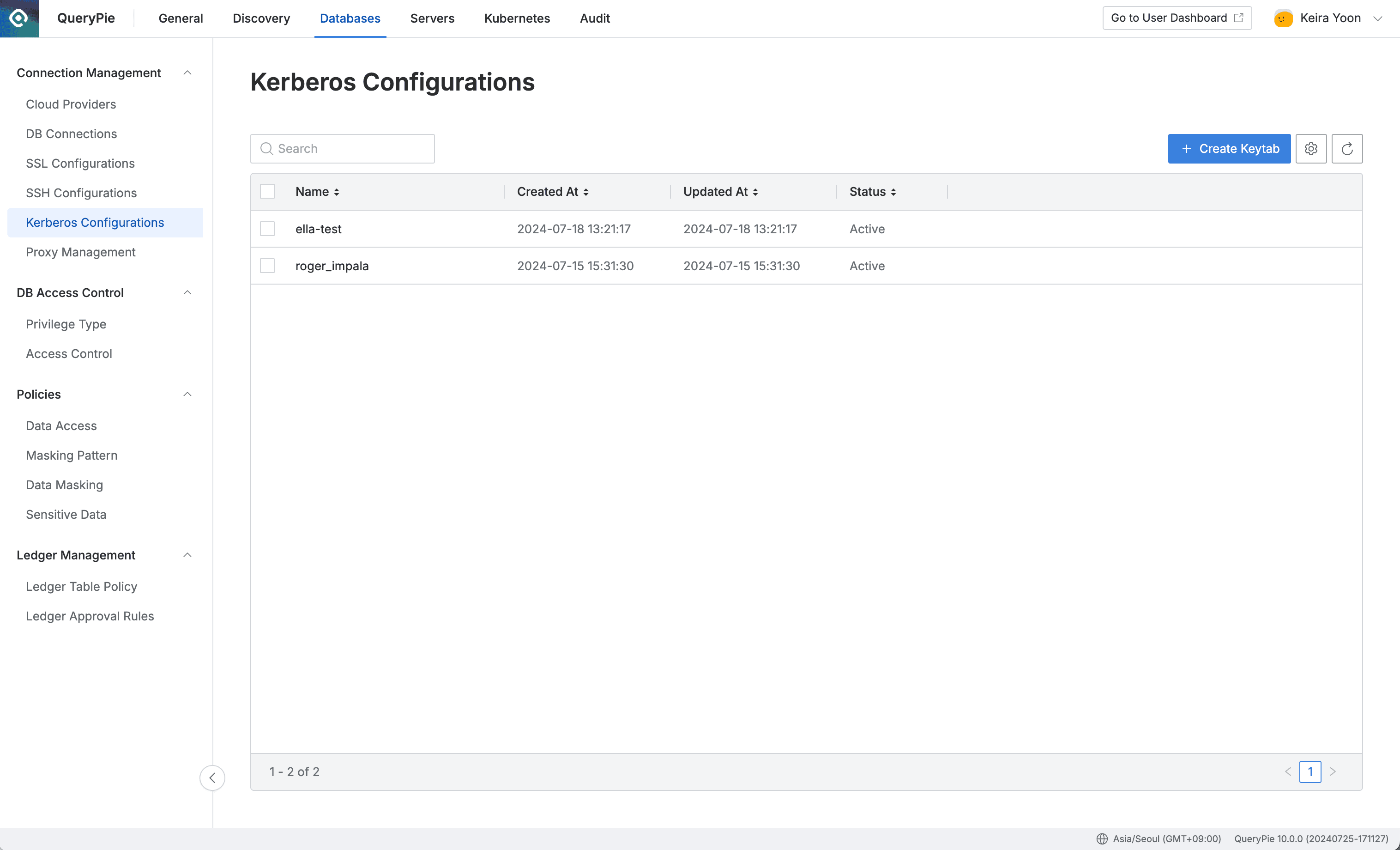 Administrator > Databases > Connection Management > Kerberos Configurations