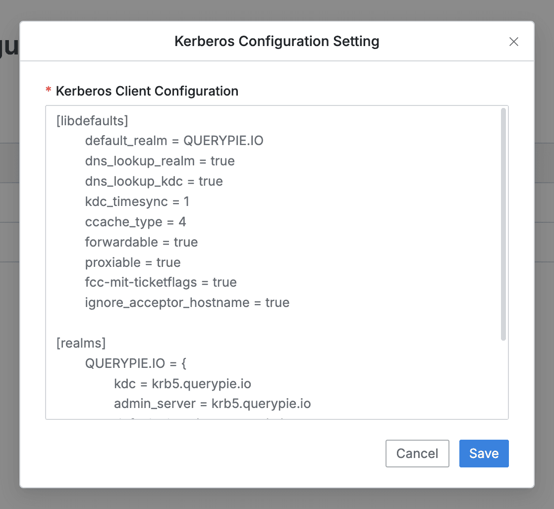 Administrator > Databases > Connection Management > Kerberos Configurations > Kerberos Configuration Setting
