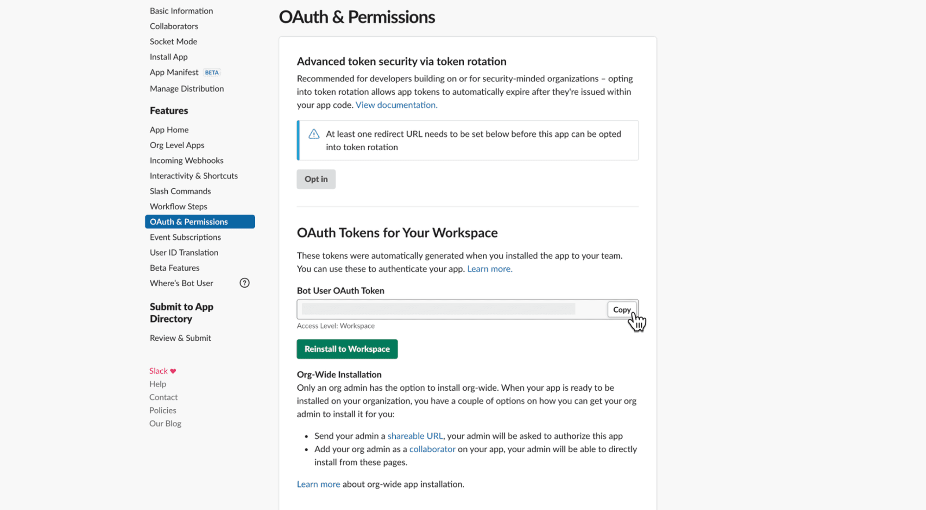 Slack OAuth & Permissions page - Copy token