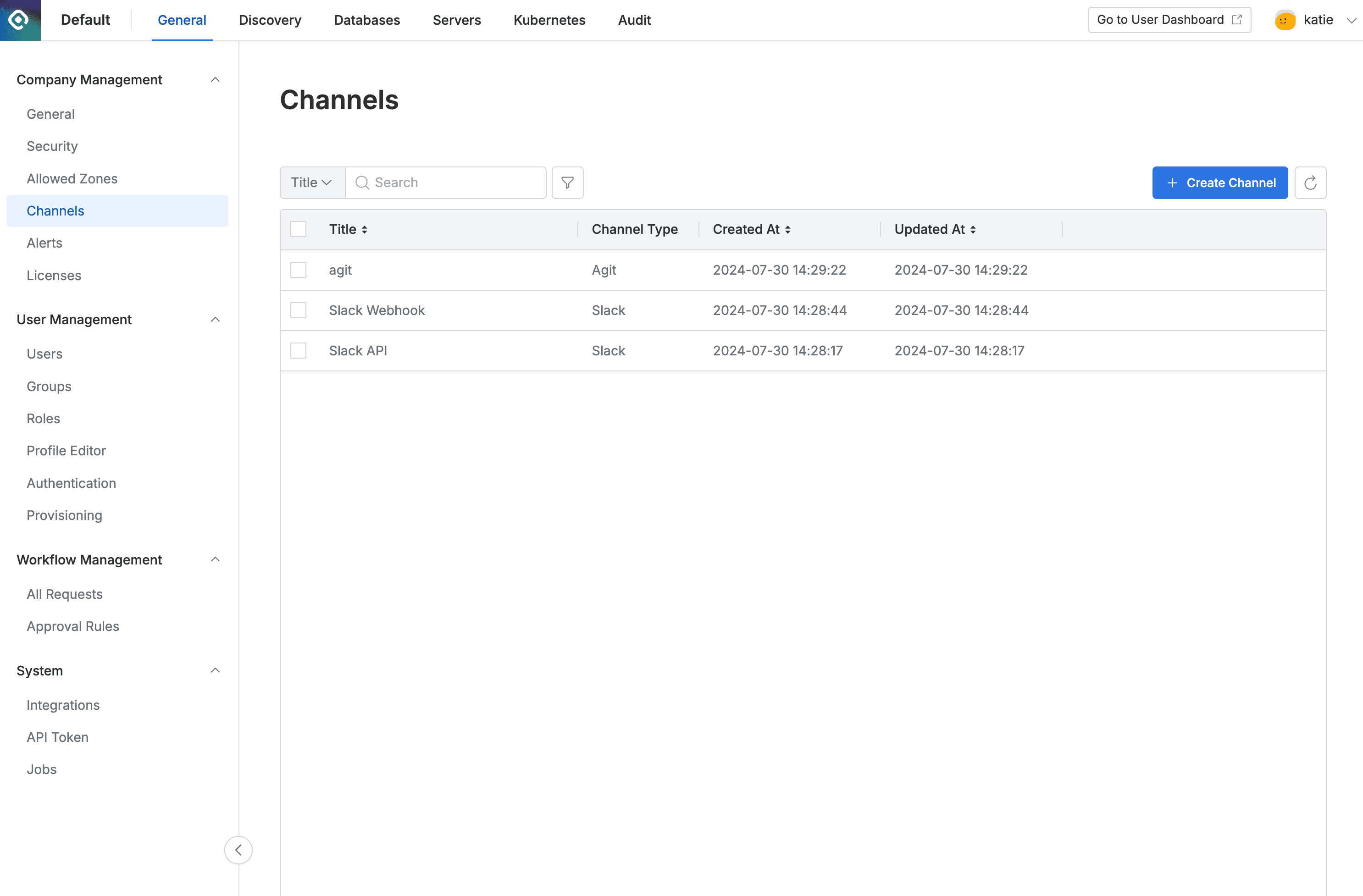 Administrator > General > Company Management > Channels
