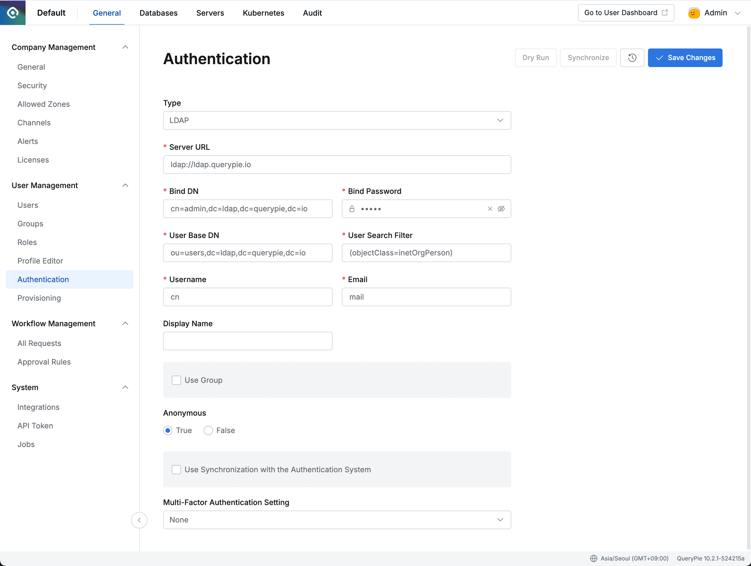 Administrator > General > User Management > Authentication > LDAP