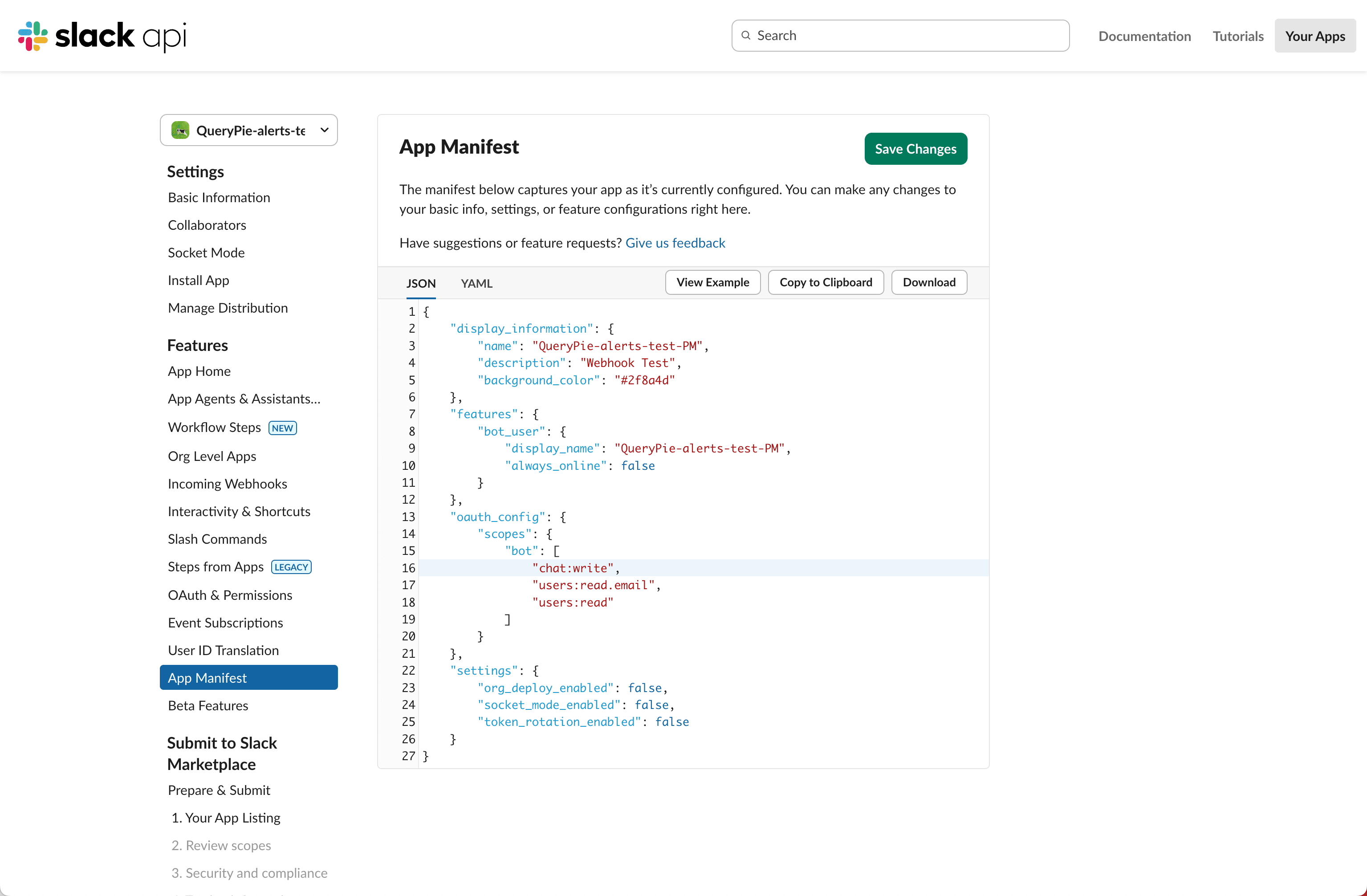 Slack API > Apps > Settings > App Manifest