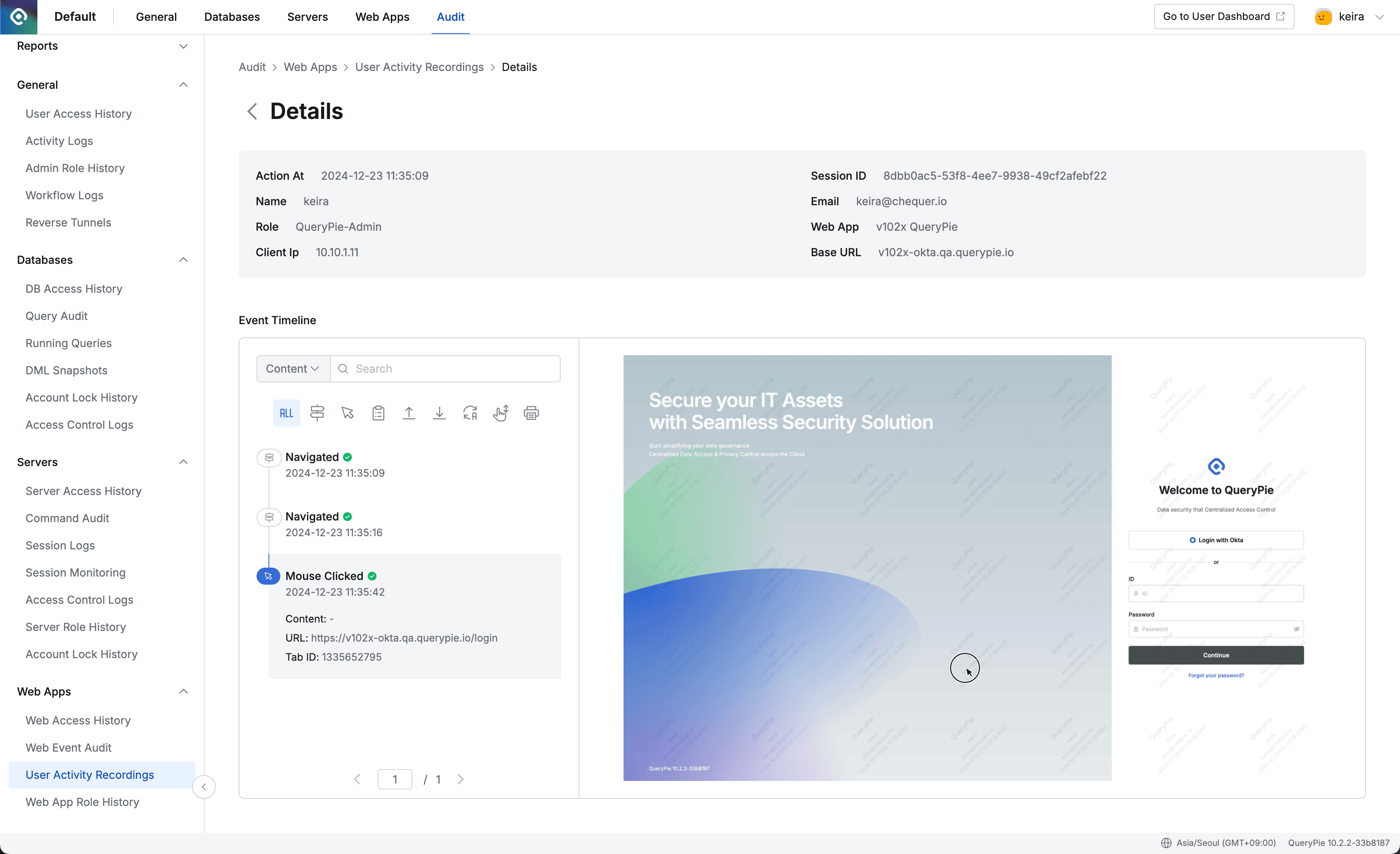 Admin > Audit > Web Apps > User Activity Recordings > Details