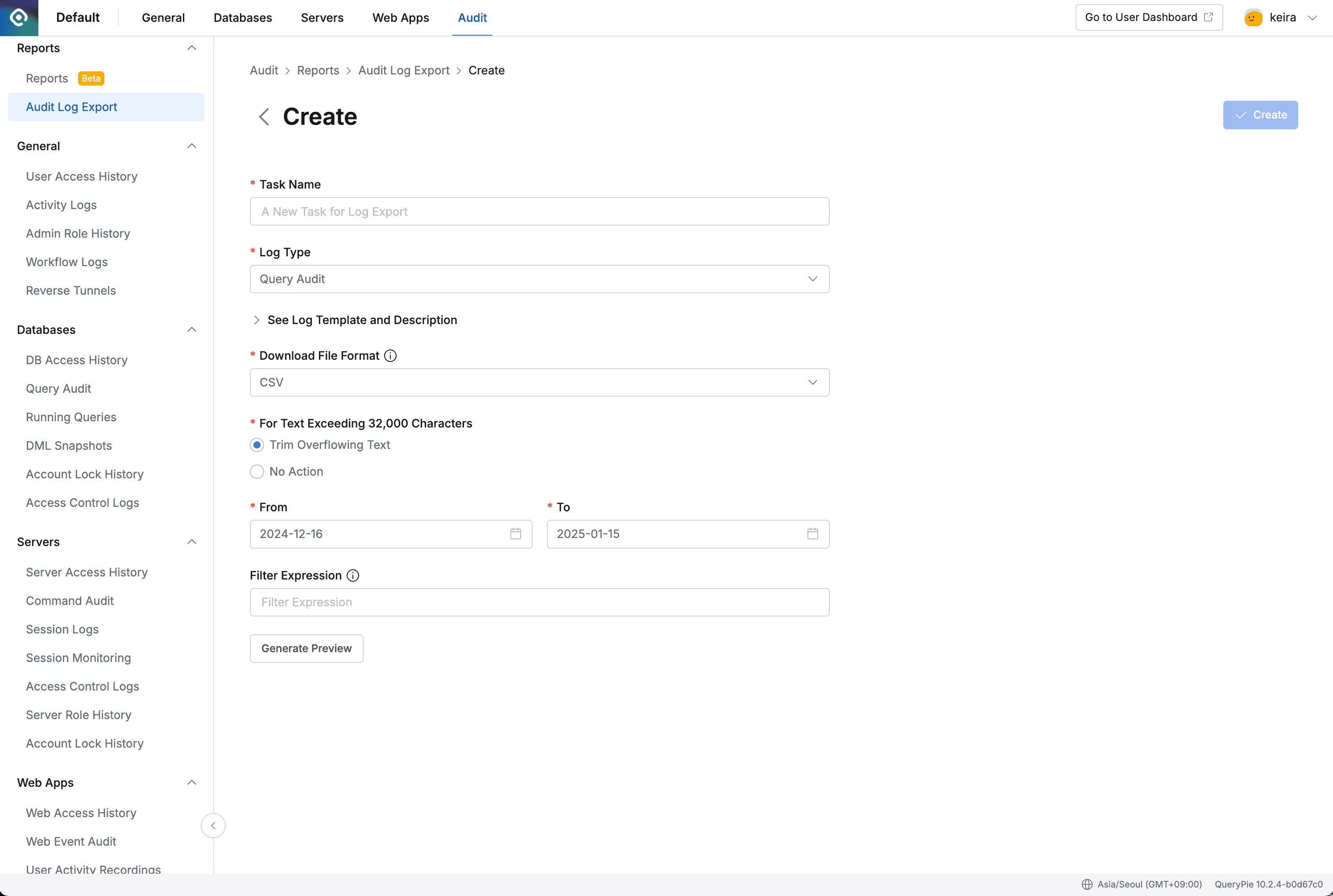 Administrator > Audit > General > Audit Log Export > Create New Task