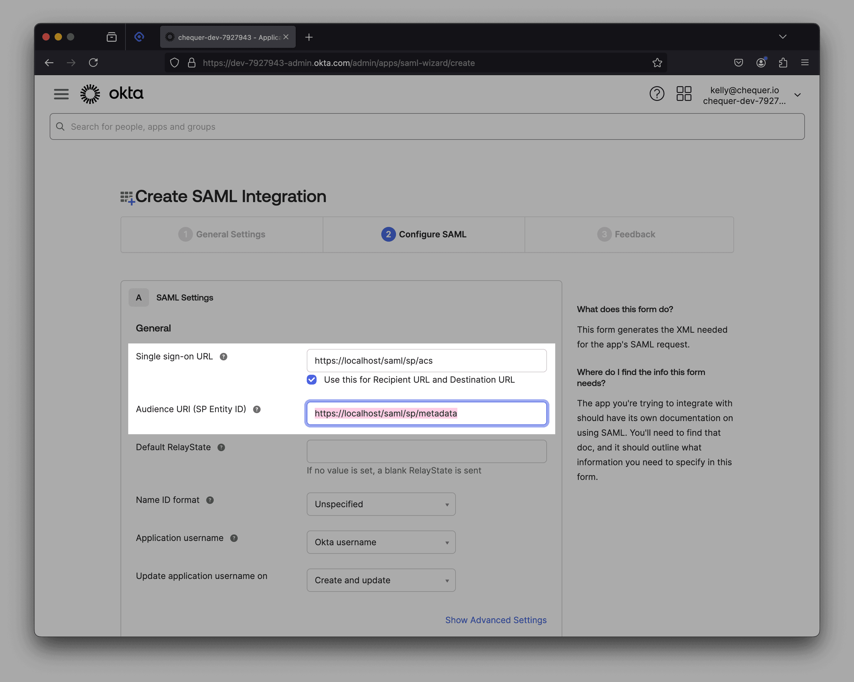 Audience URI (SP Entity ID) in Okta app settings