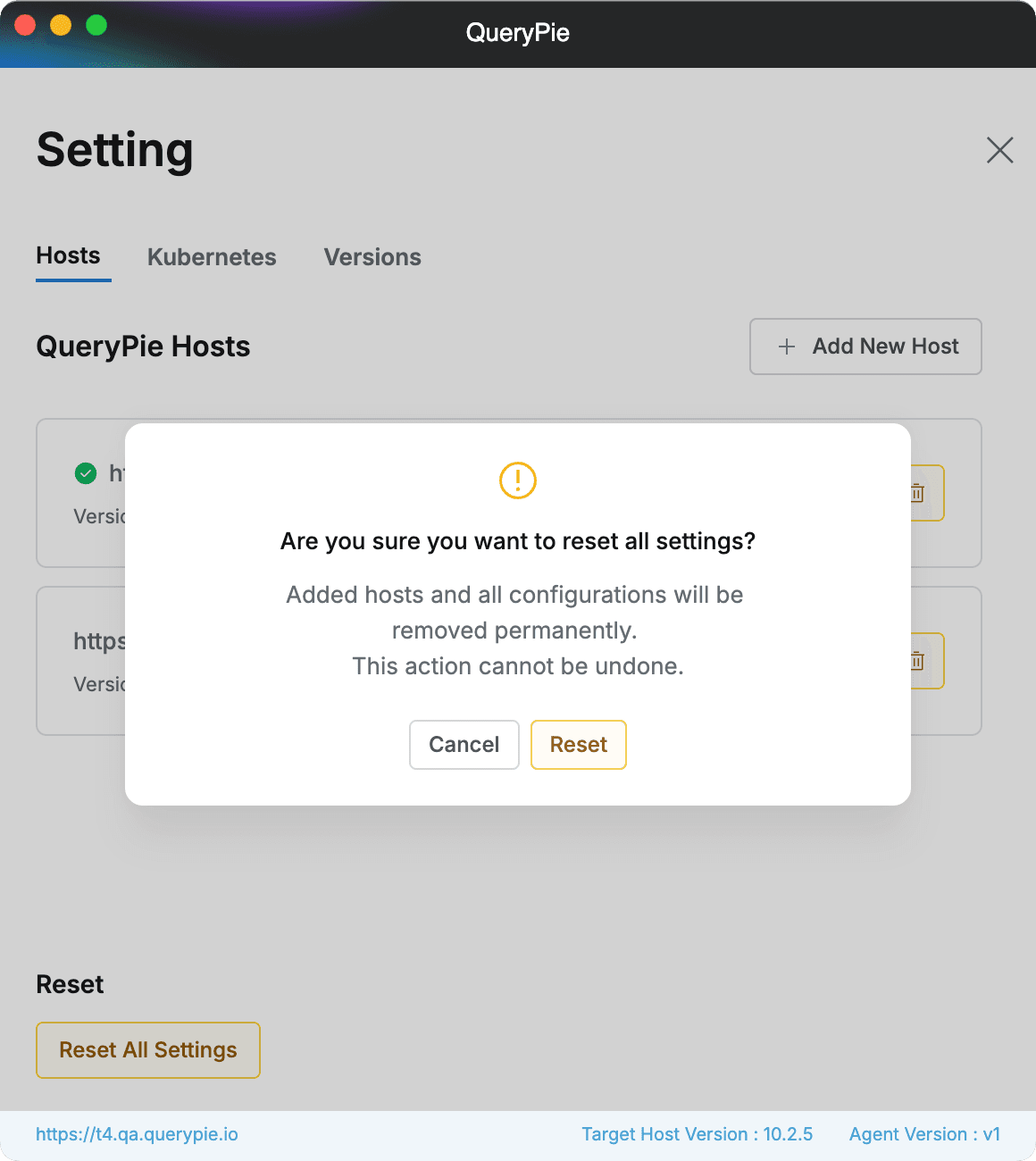 Multi-Agent > Setting > Hosts > Reset All Settings