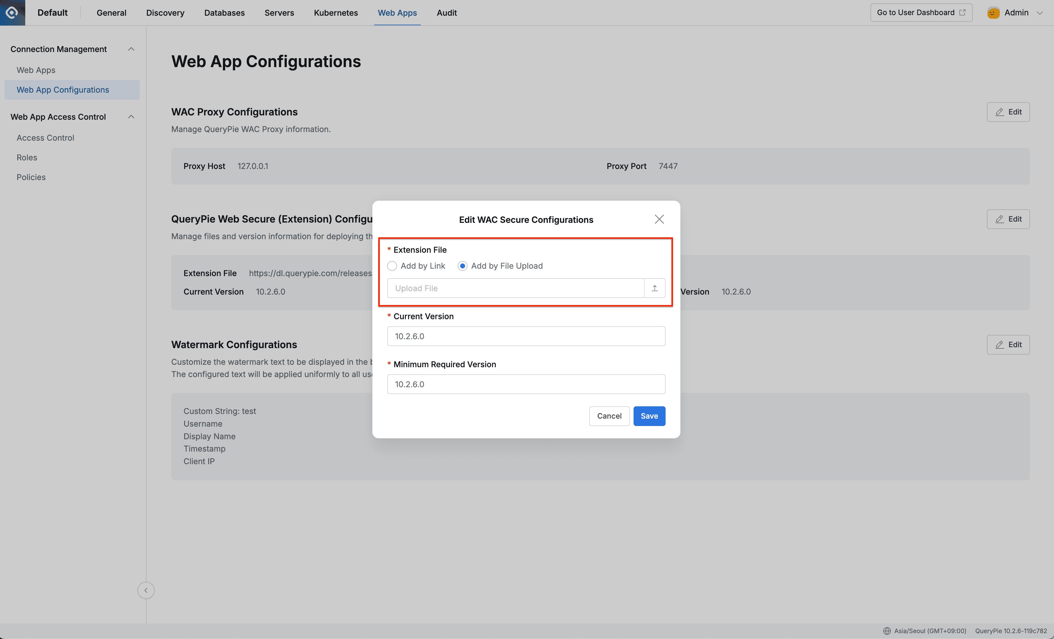 Admin > Web Apps > Connection Management > Web App Configurations > WAC Secure settings modal