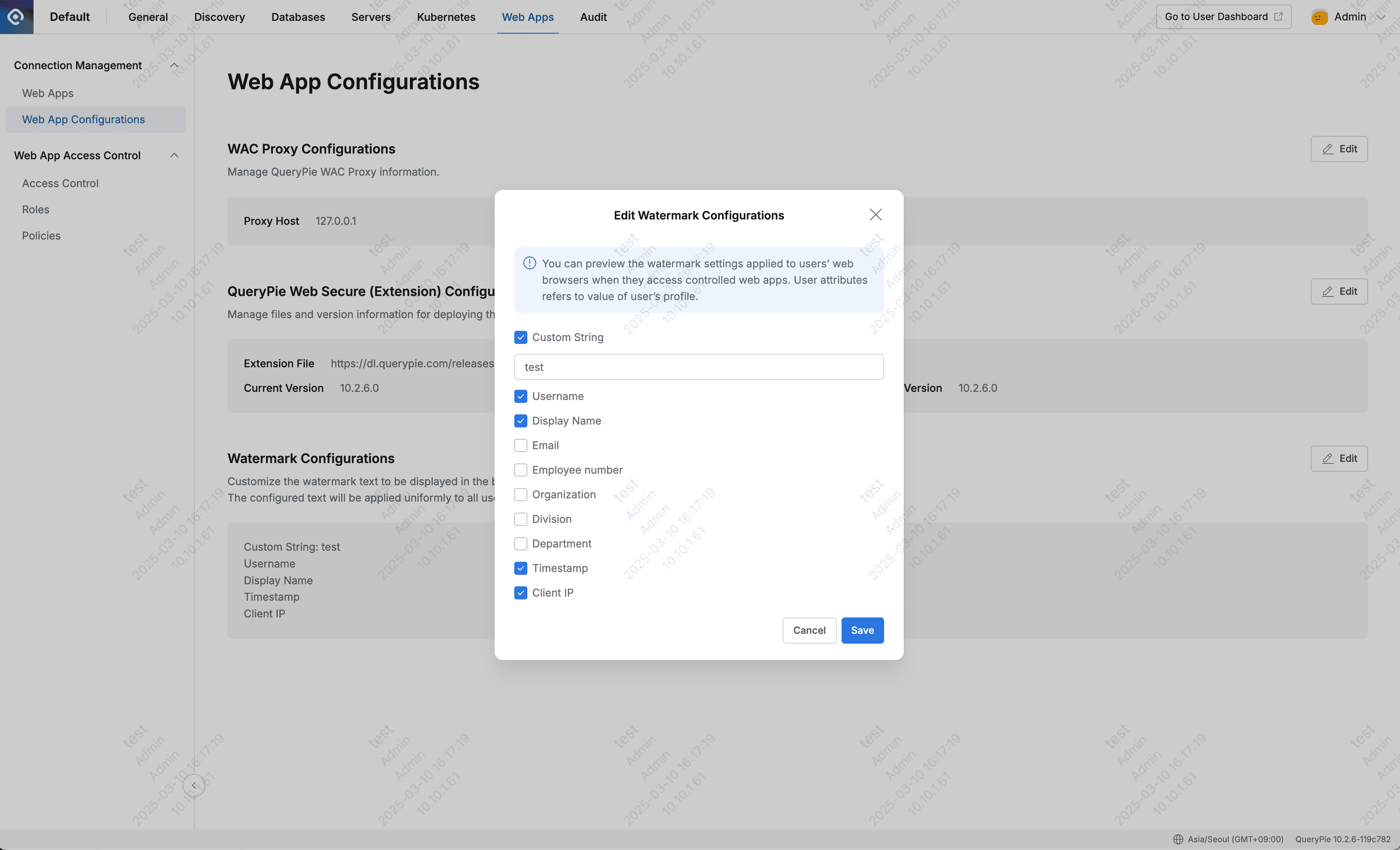 Admin > Web Apps > Connection Management > Web App Configurations > Watermark settings modal
