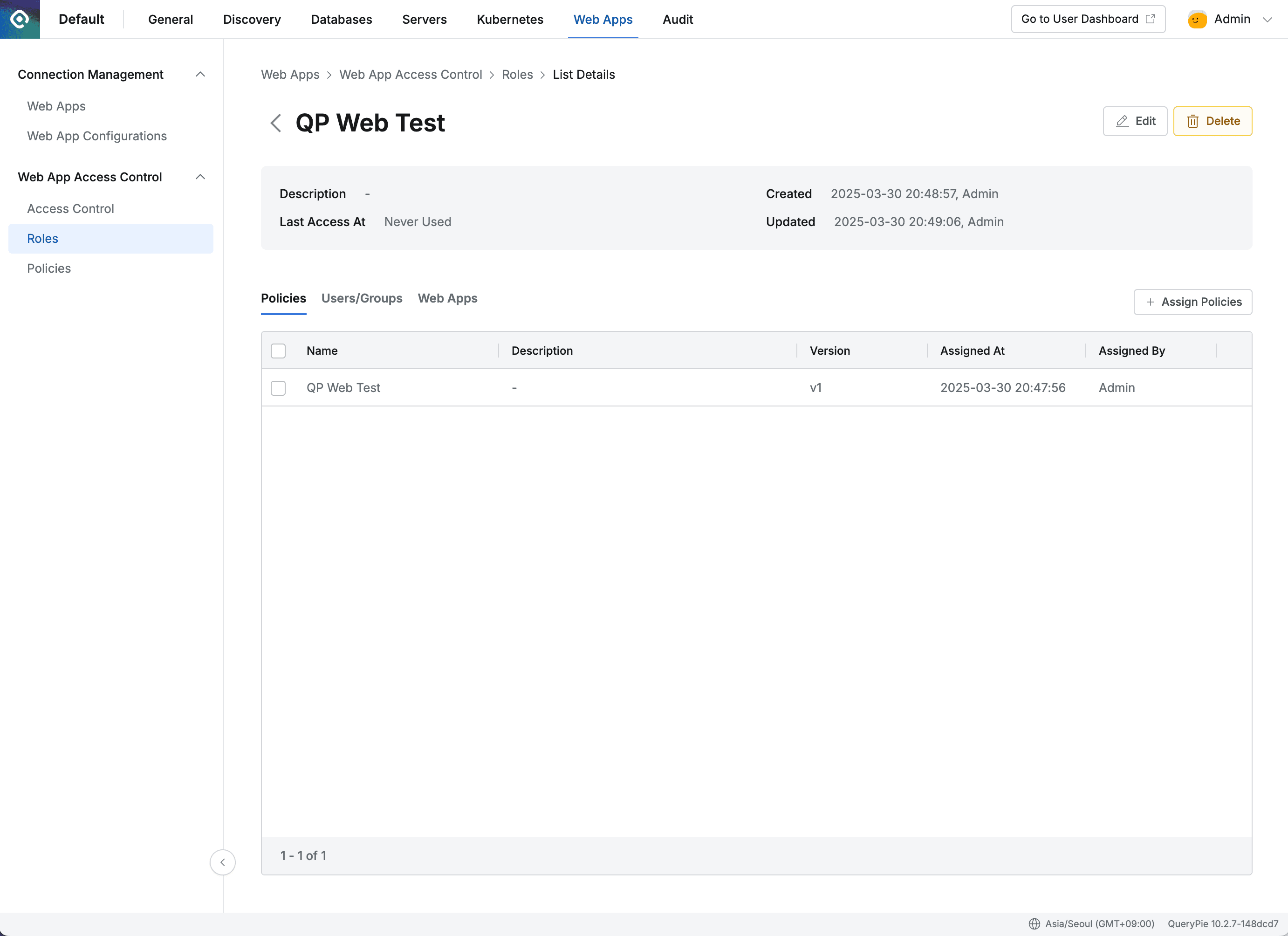 Admin > Web Apps > Web App Access Control > Roles > List Details