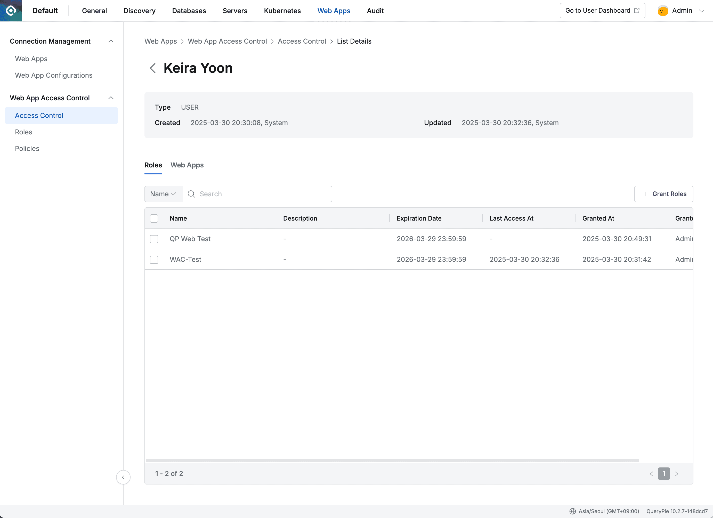 Admin > Web Apps > Web App Access Control > Access Control > List Details