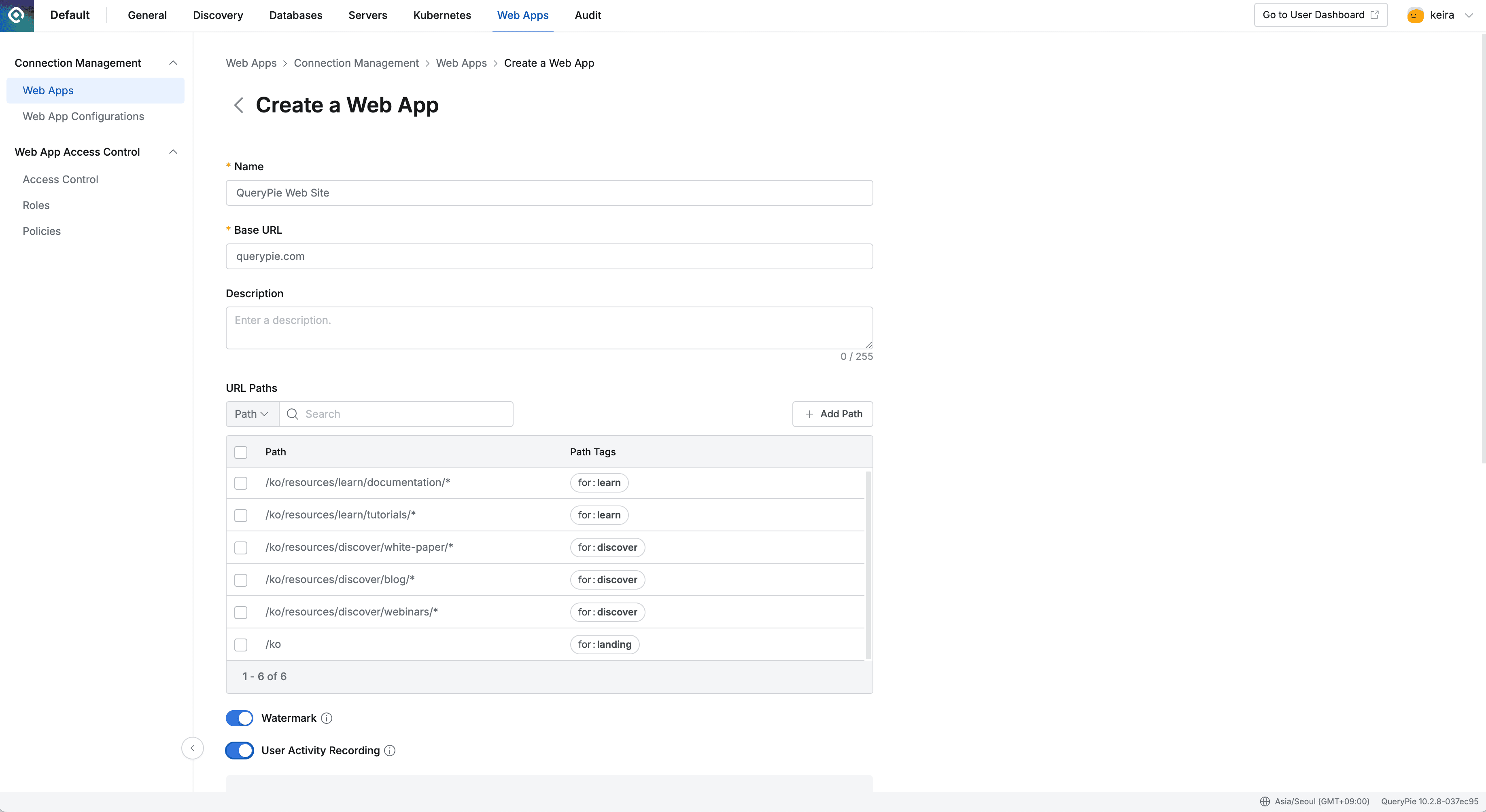 Admin > Web Apps > Create a Web App