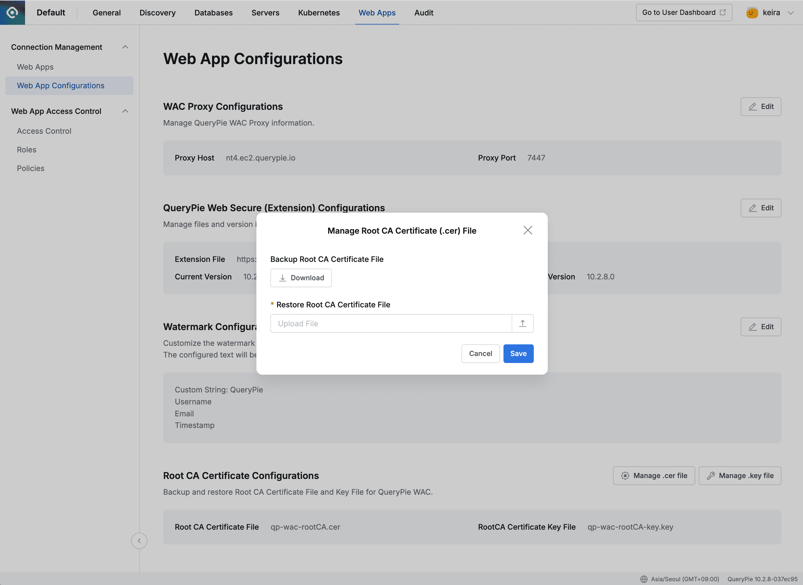 Admin > Web Apps > Connection Management > Web App Configurations > Manage .cer file modal